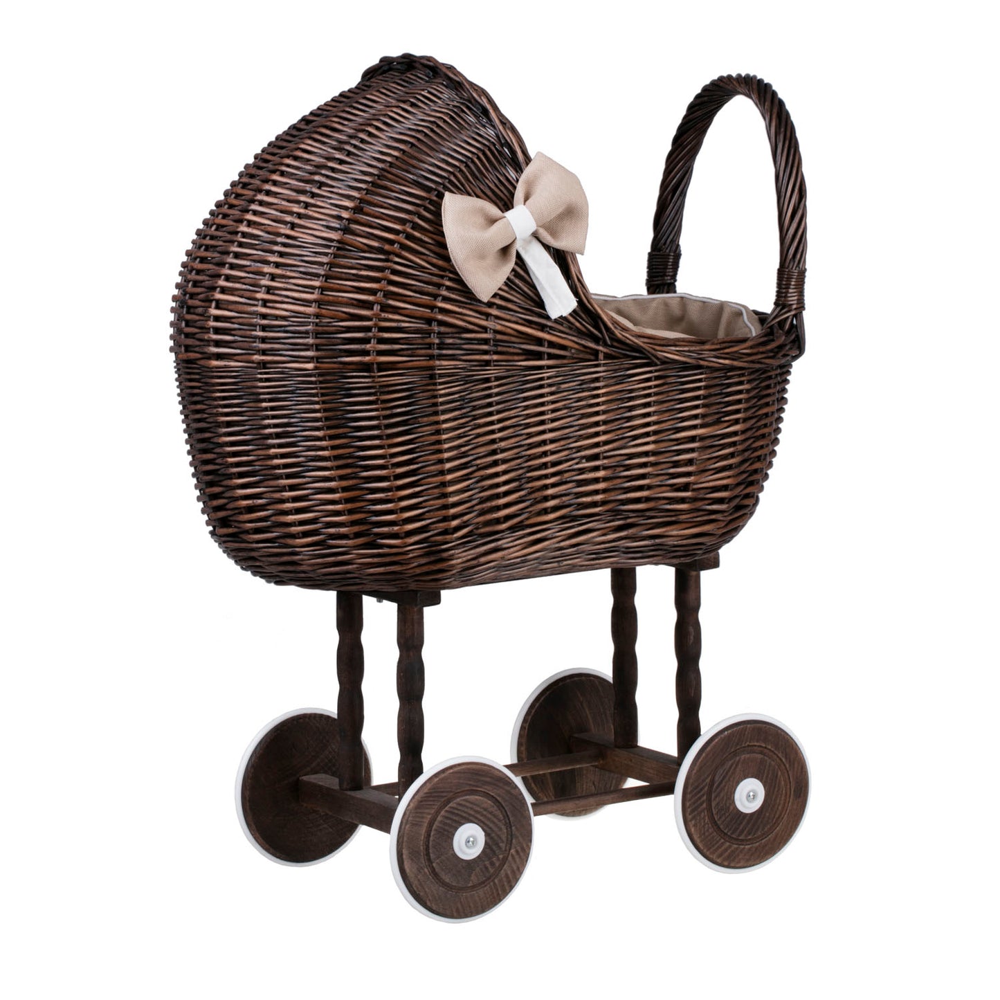 Lili wicker doll stroller with beige trim, blanket, and pillow