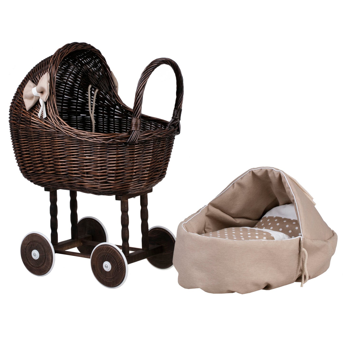 Lili wicker doll stroller with beige trim, blanket, and pillow
