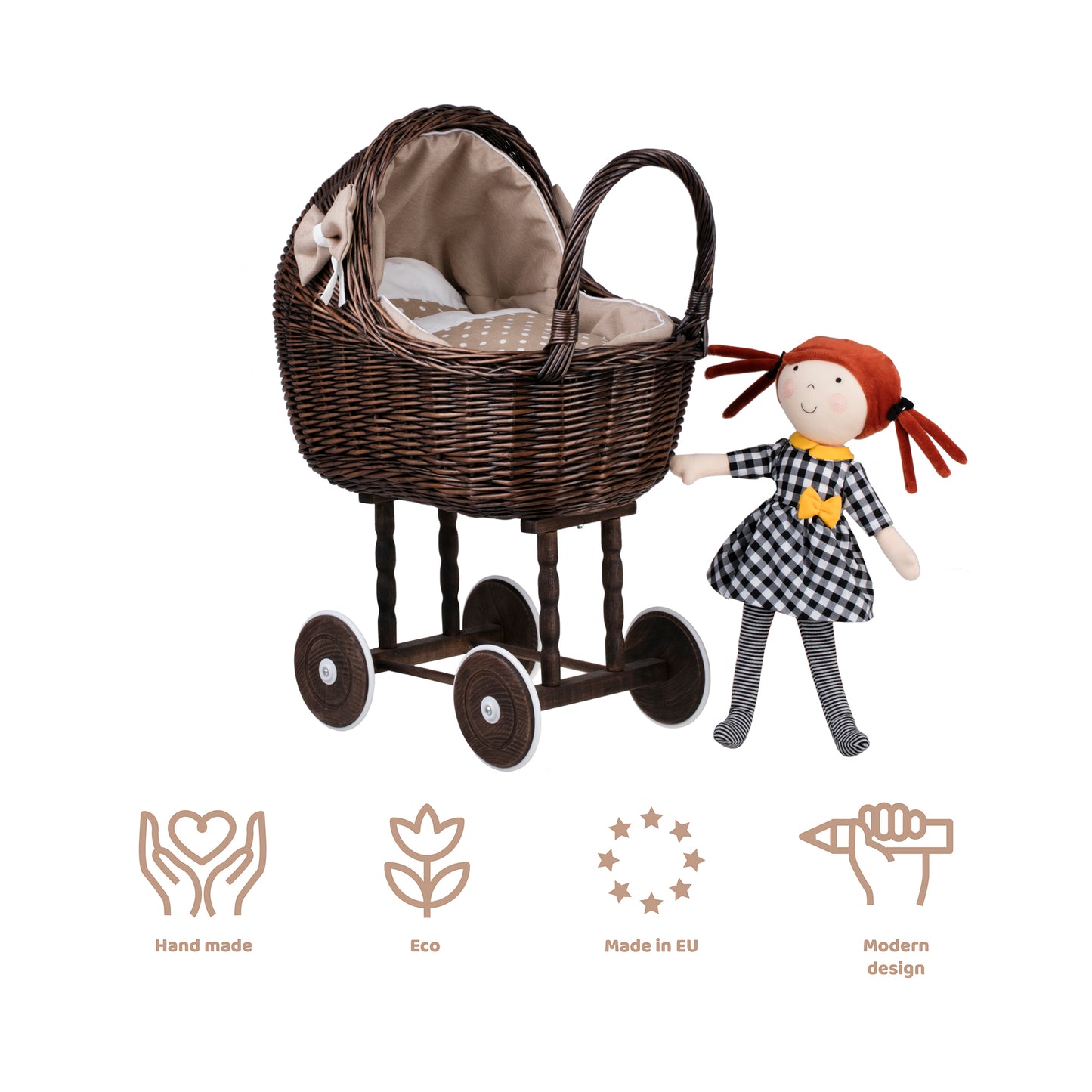 Lili wicker doll stroller with beige trim, blanket, and pillow