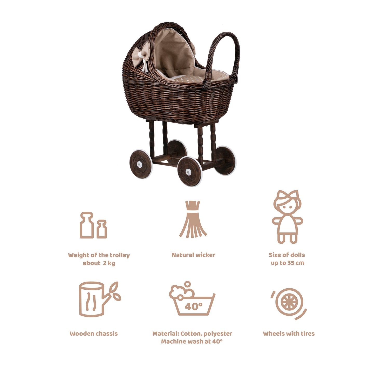 Lili wicker doll stroller with beige trim, blanket, and pillow