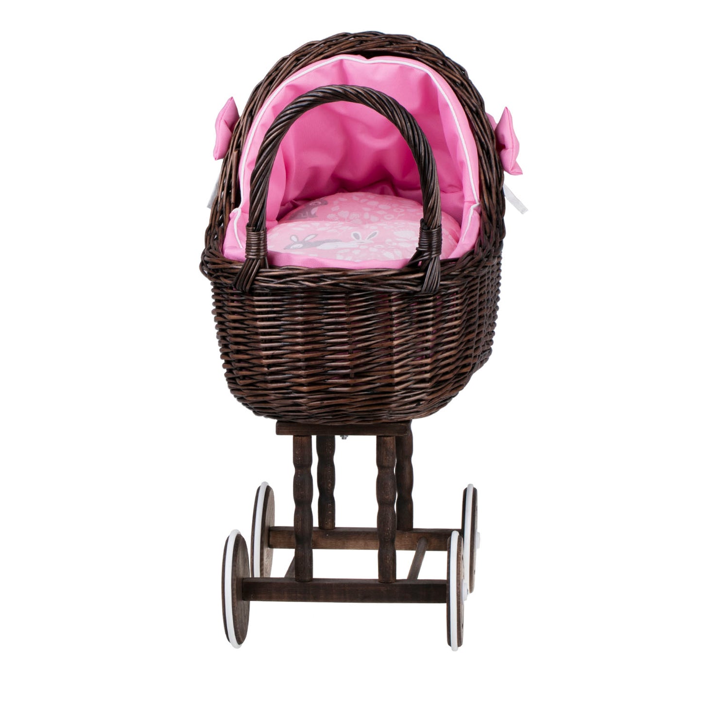 Lili wicker doll stroller with pink trim, blanket, and pillow