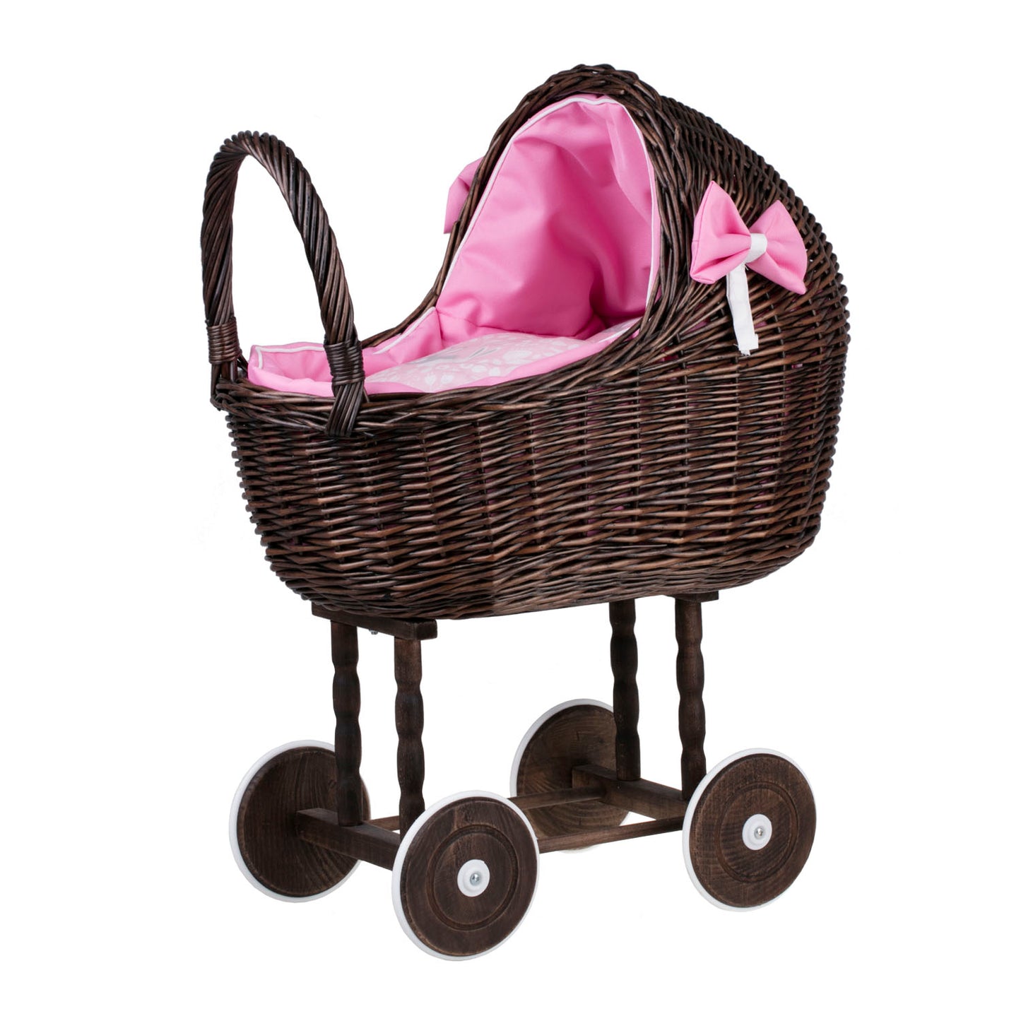 Lili wicker doll stroller with pink trim, blanket, and pillow
