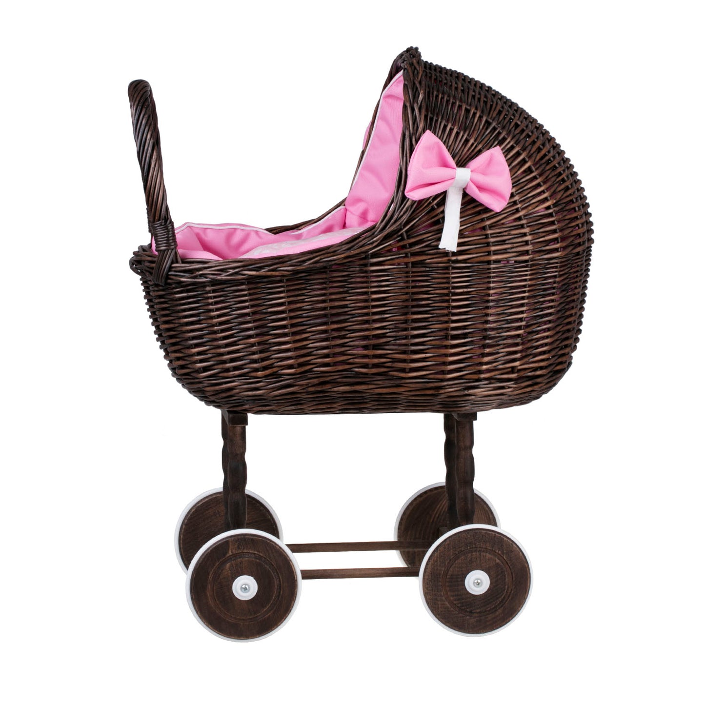 Lili wicker doll stroller with pink trim, blanket, and pillow