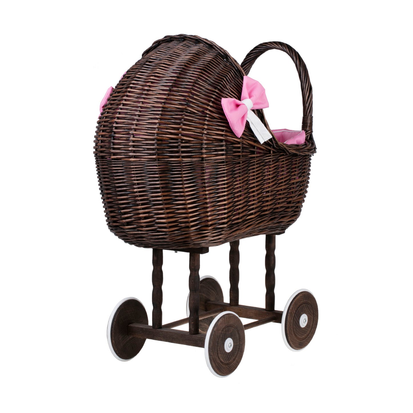 Lili wicker doll stroller with pink trim, blanket, and pillow