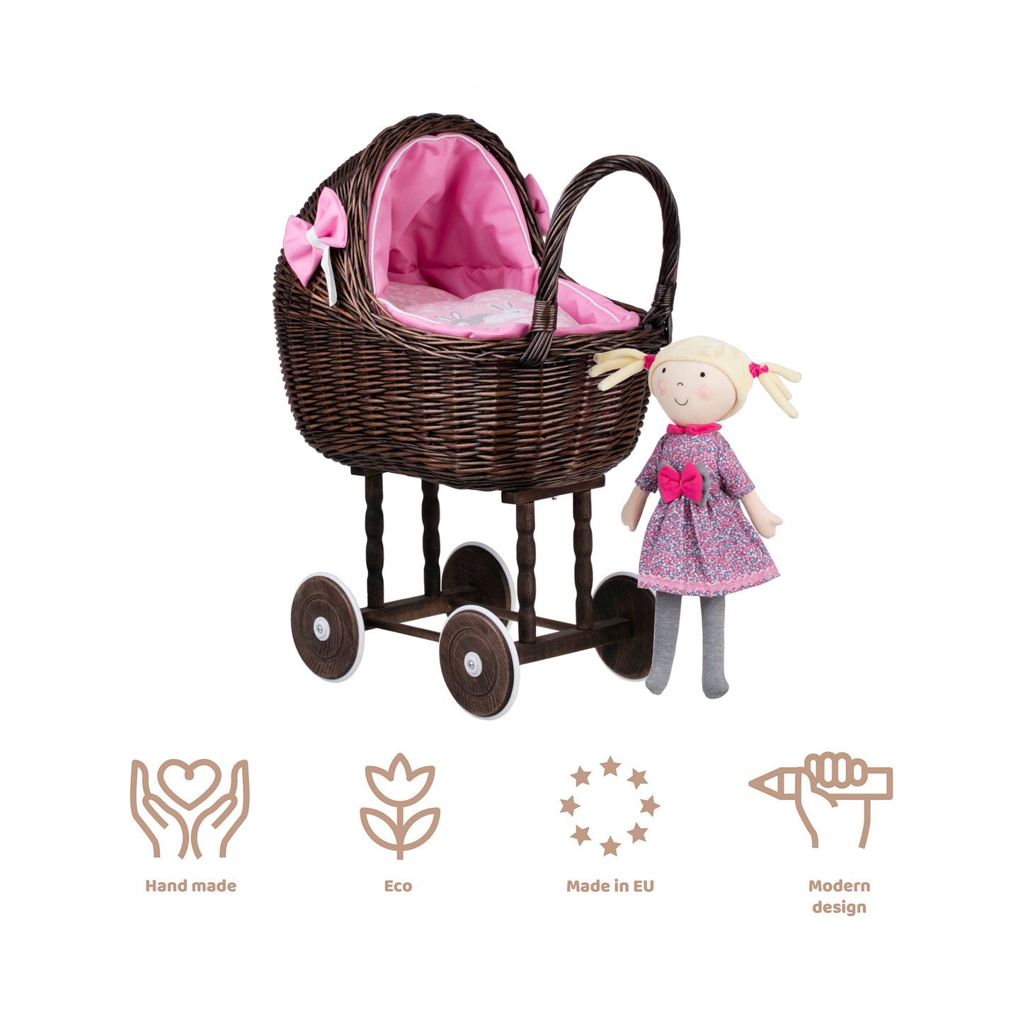 Lili wicker doll stroller with pink trim, blanket, and pillow