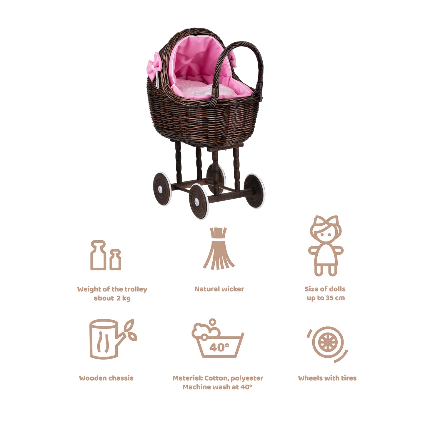 Lili wicker doll stroller with pink trim, blanket, and pillow