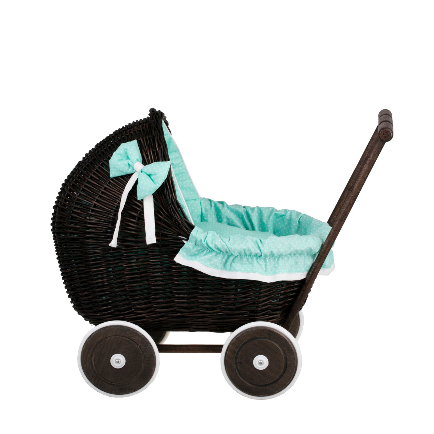 Lili wicker doll stroller with mint trim, blanket, and pillow