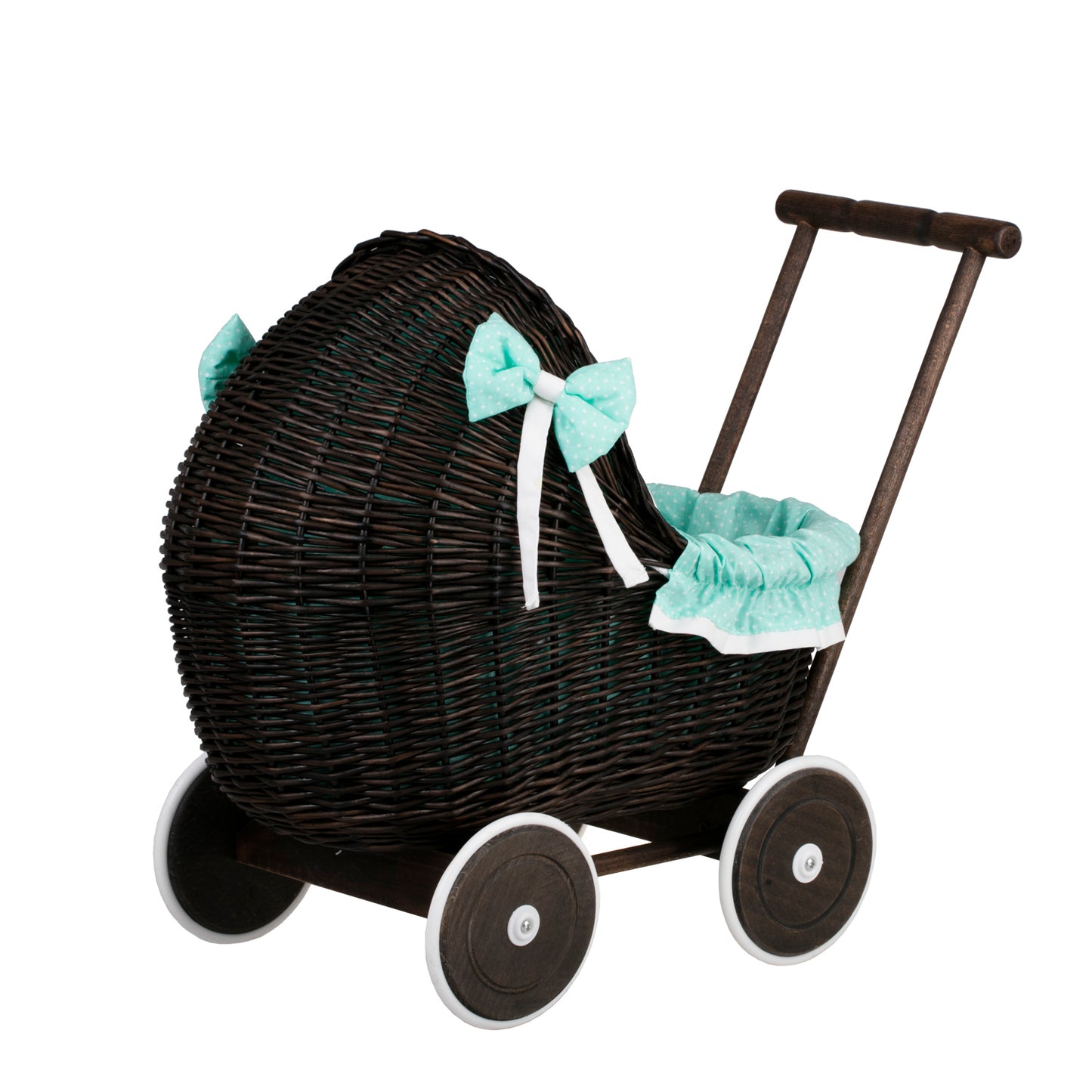 Lili wicker doll stroller with mint trim, blanket, and pillow