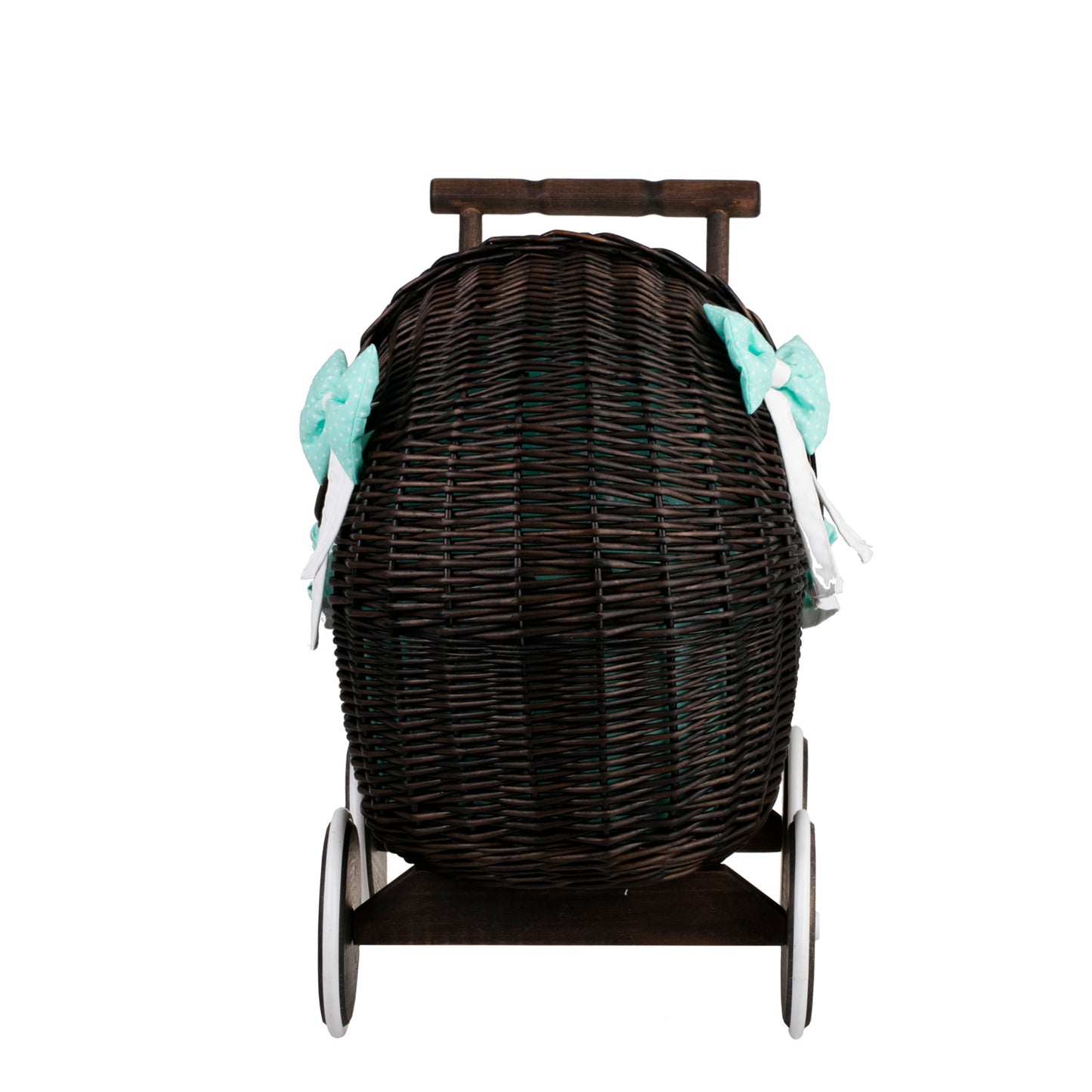 Lili wicker doll stroller with mint trim, blanket, and pillow