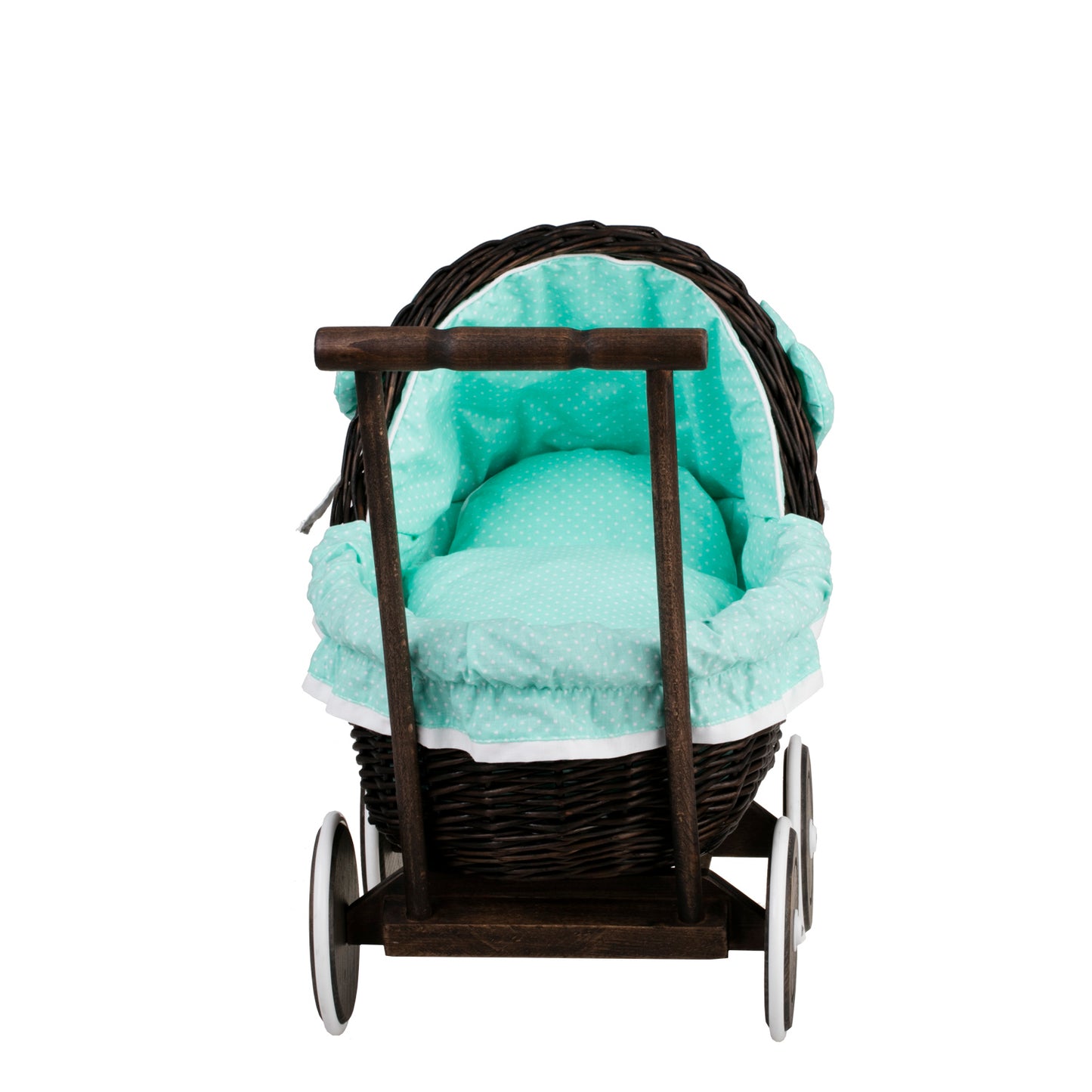 Lili wicker doll stroller with mint trim, blanket, and pillow