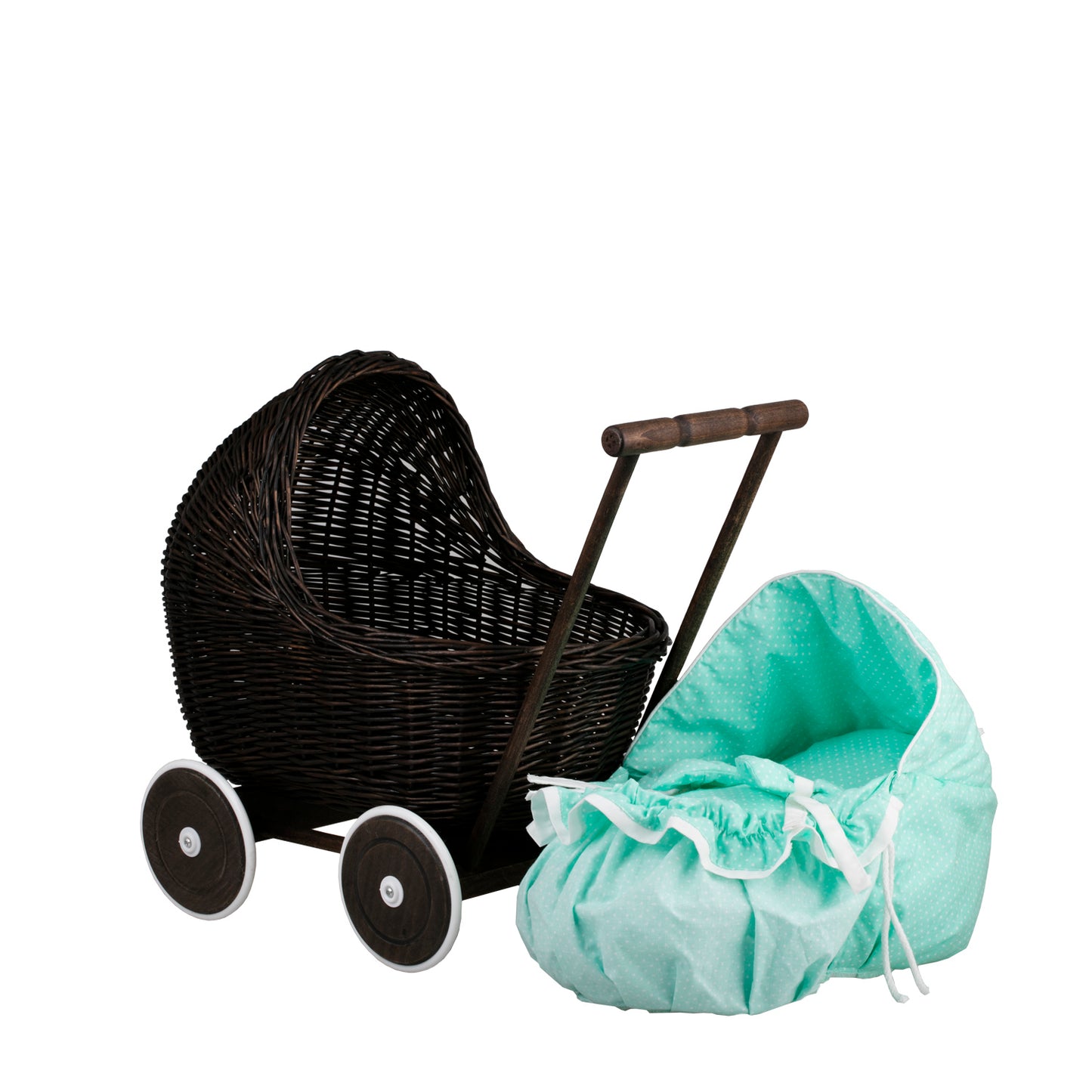 Lili wicker doll stroller with mint trim, blanket, and pillow