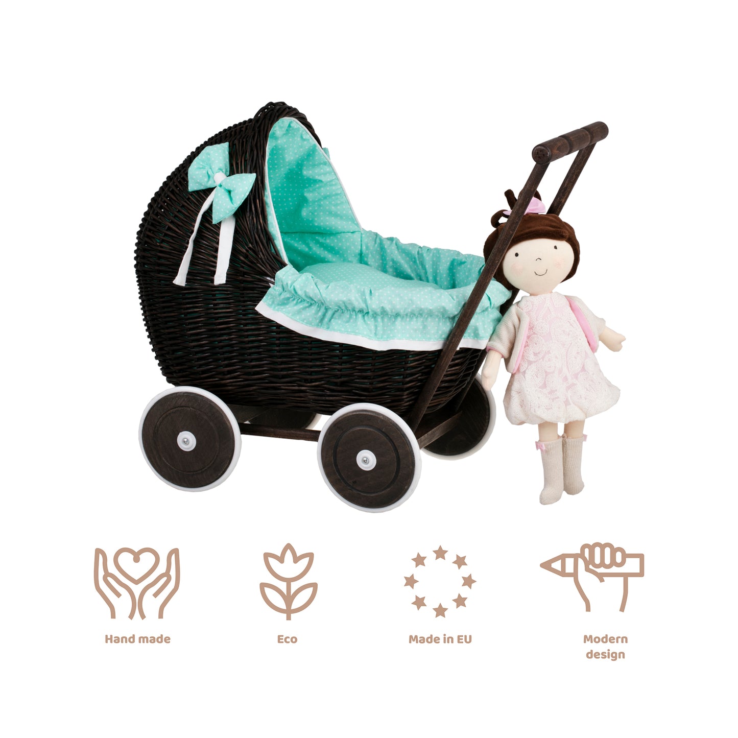 Lili wicker doll stroller with mint trim, blanket, and pillow