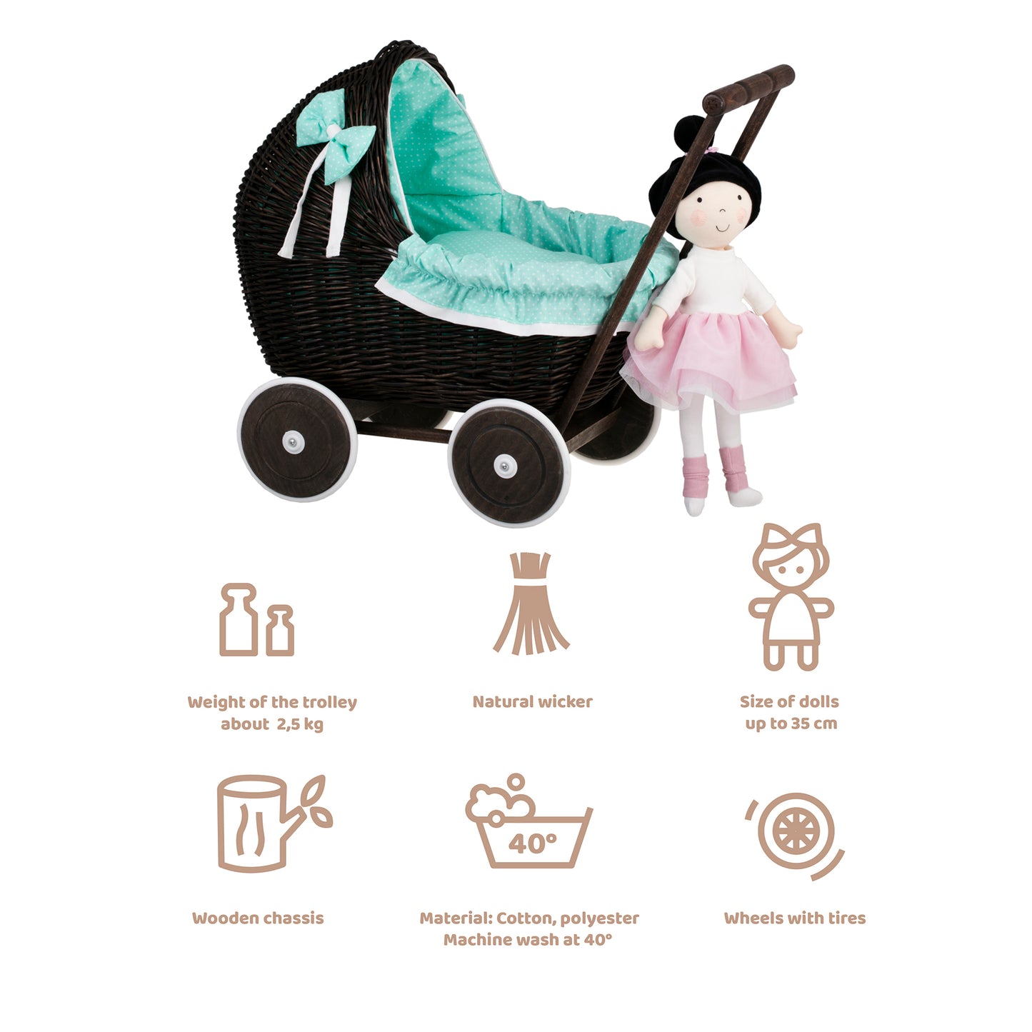 Lili wicker doll stroller with mint trim, blanket, and pillow