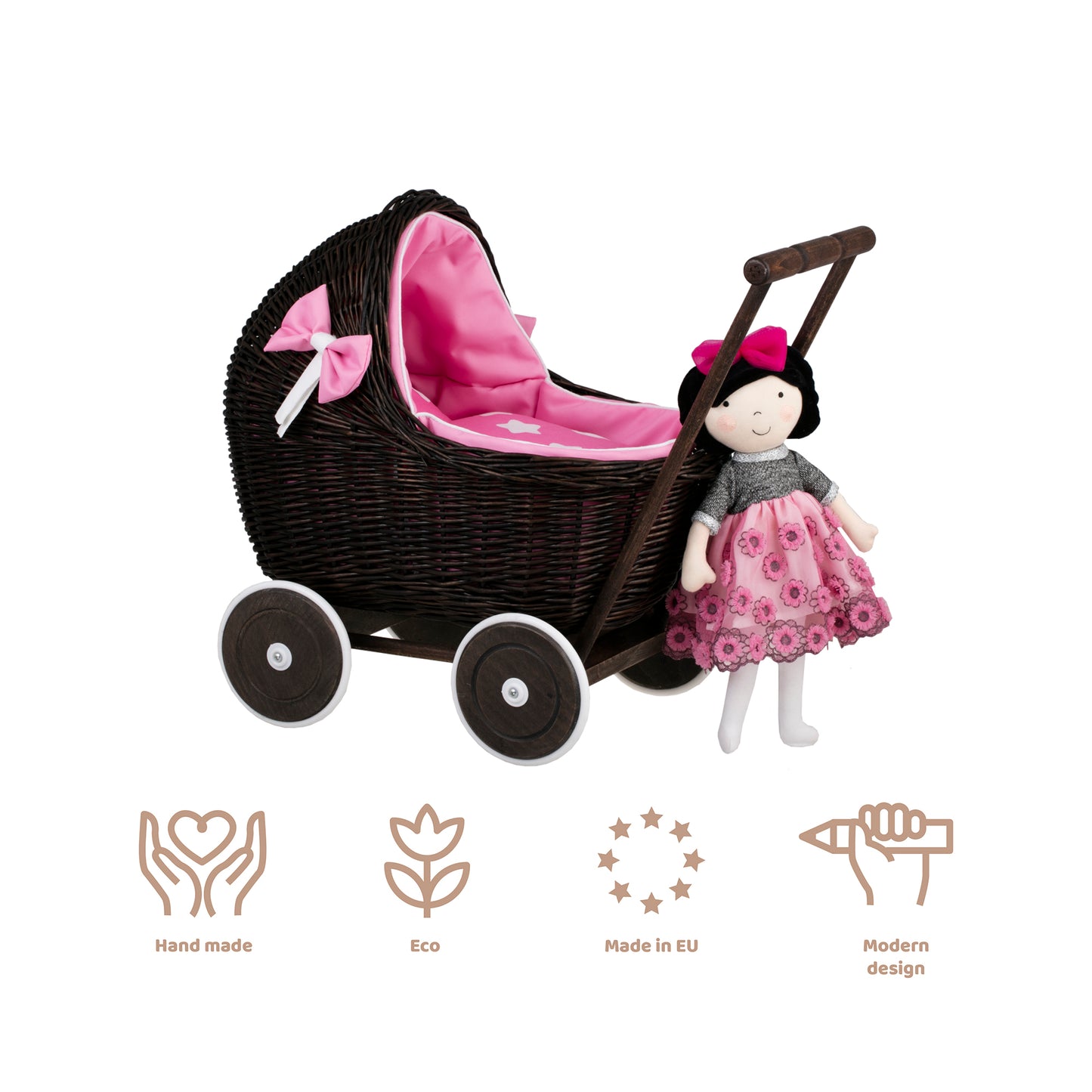 Lili wicker doll stroller with pink trim, blanket, and pillow