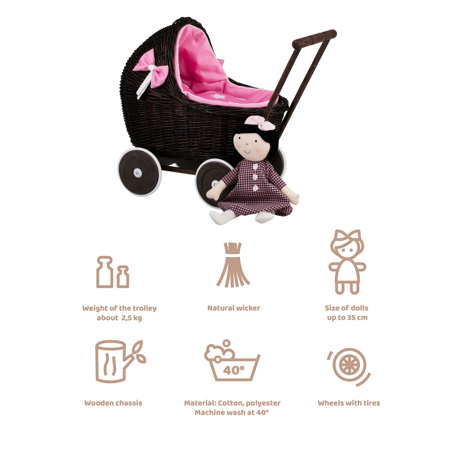 Lili wicker doll stroller with pink trim, blanket, and pillow