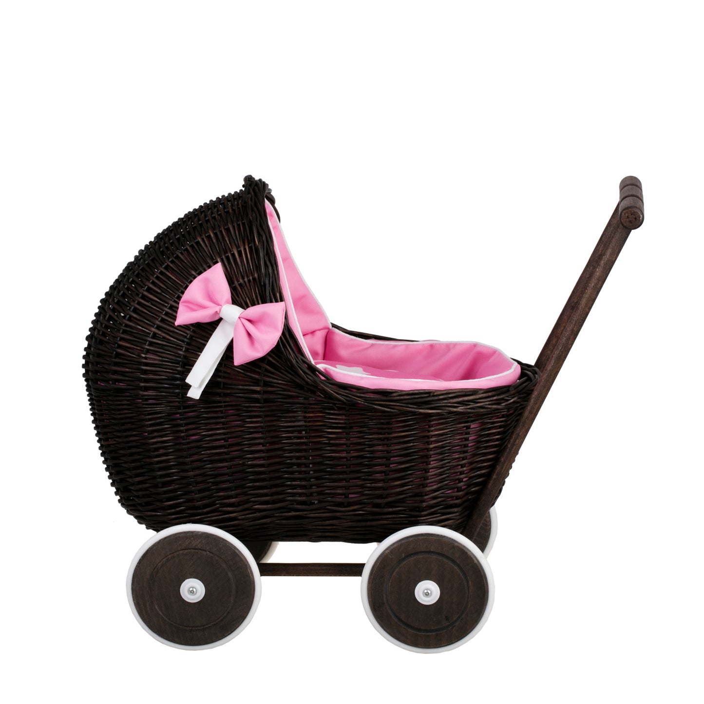 Lili wicker doll stroller with pink trim, blanket, and pillow
