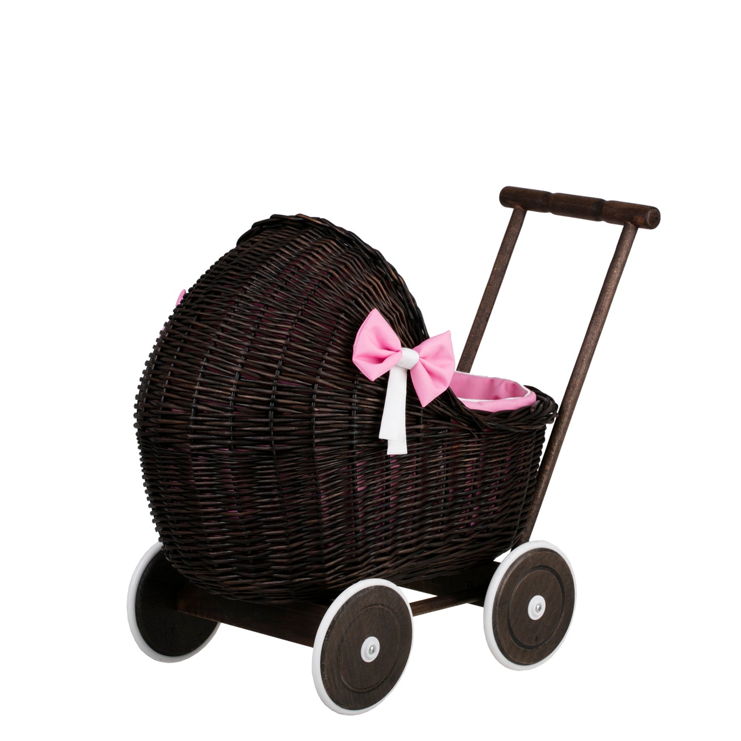 Lili wicker doll stroller with pink trim, blanket, and pillow