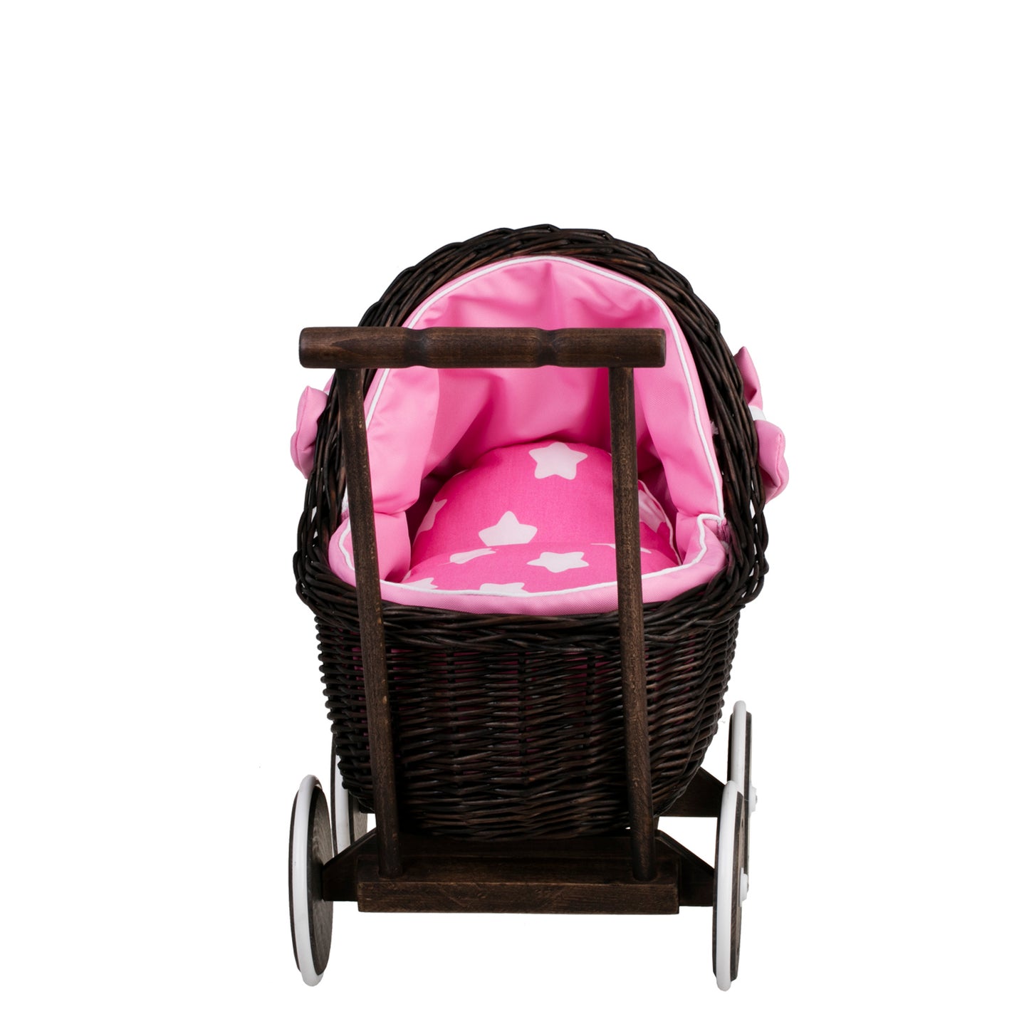 Lili wicker doll stroller with pink trim, blanket, and pillow