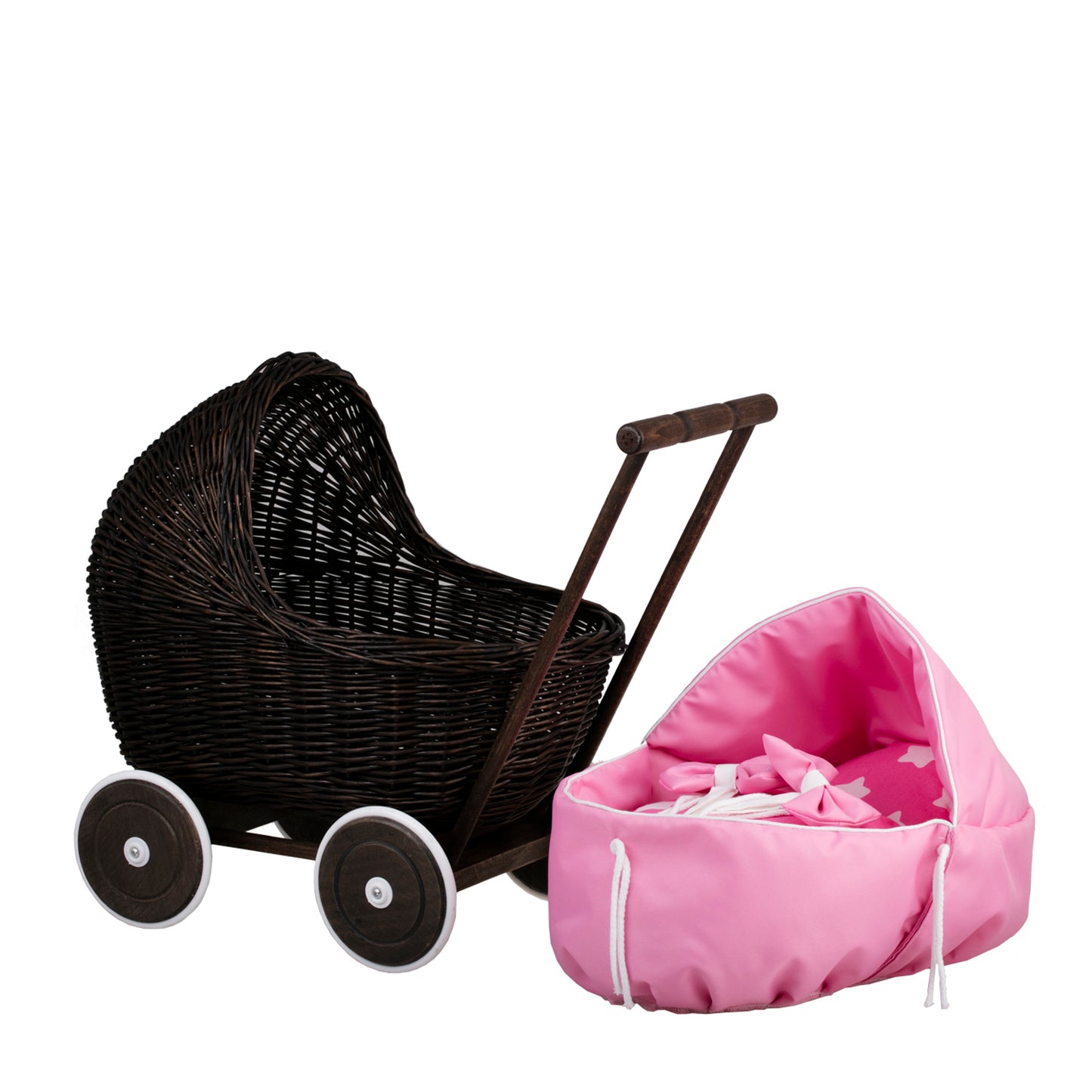 Lili wicker doll stroller with pink trim, blanket, and pillow
