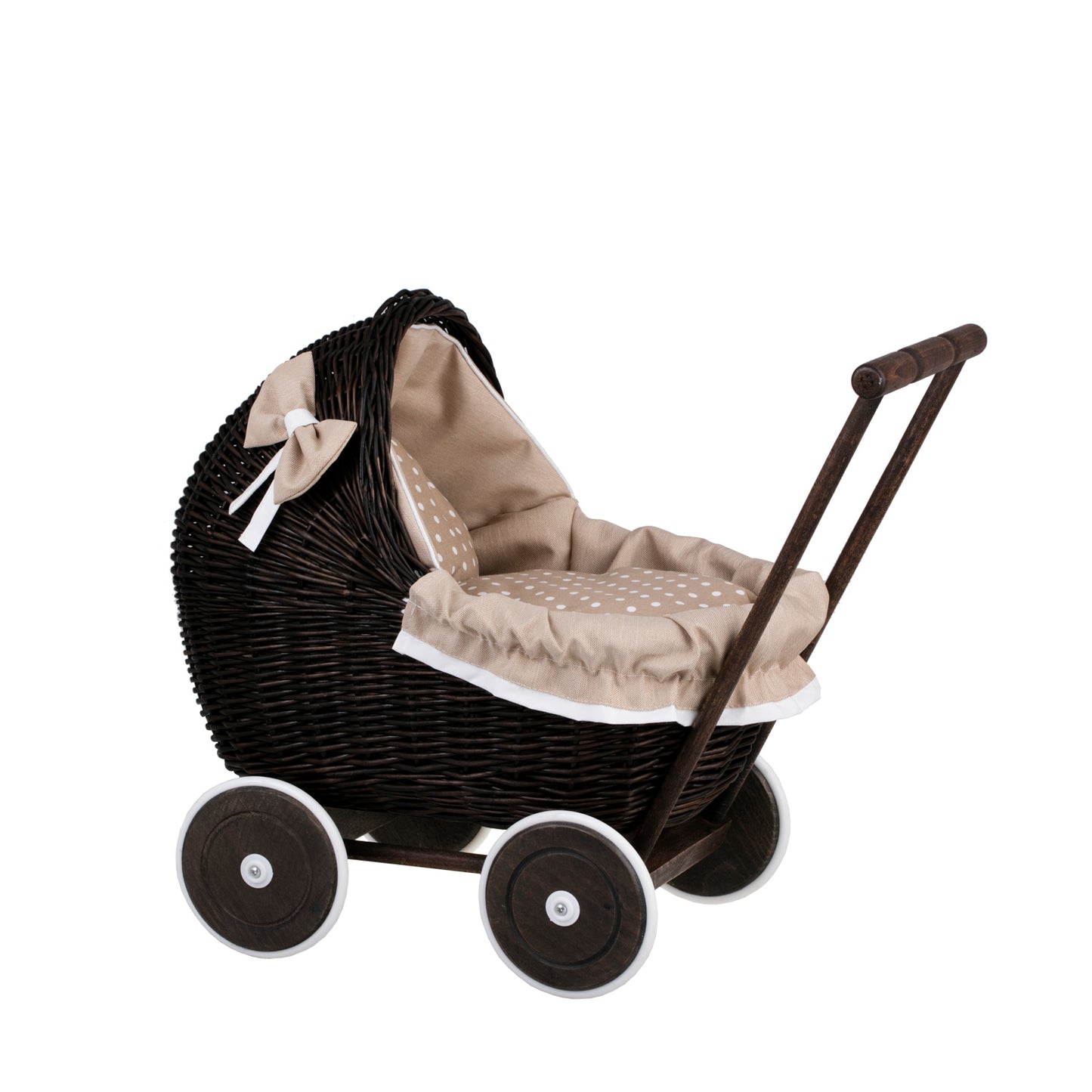 Lili wicker doll stroller with beige trim, blanket, and pillow