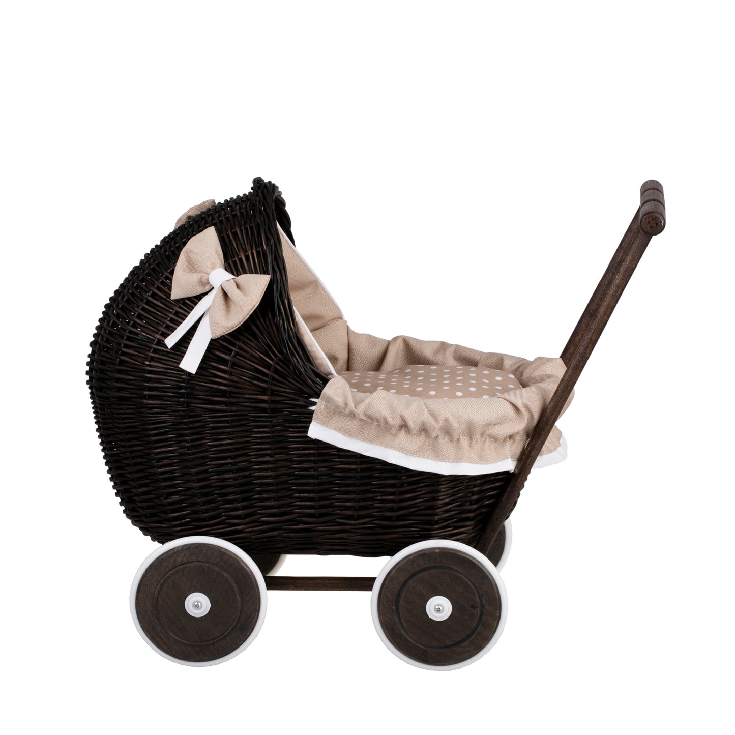 Lili wicker doll stroller with beige trim, blanket, and pillow
