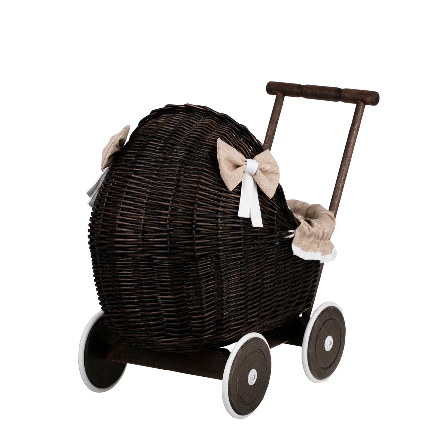 Lili wicker doll stroller with beige trim, blanket, and pillow