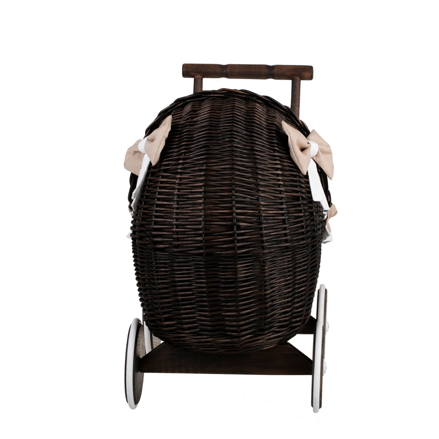 Lili wicker doll stroller with beige trim, blanket, and pillow