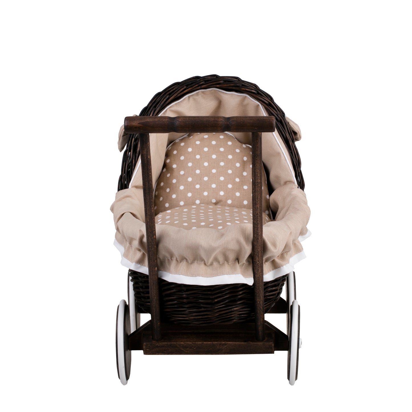 Lili wicker doll stroller with beige trim, blanket, and pillow