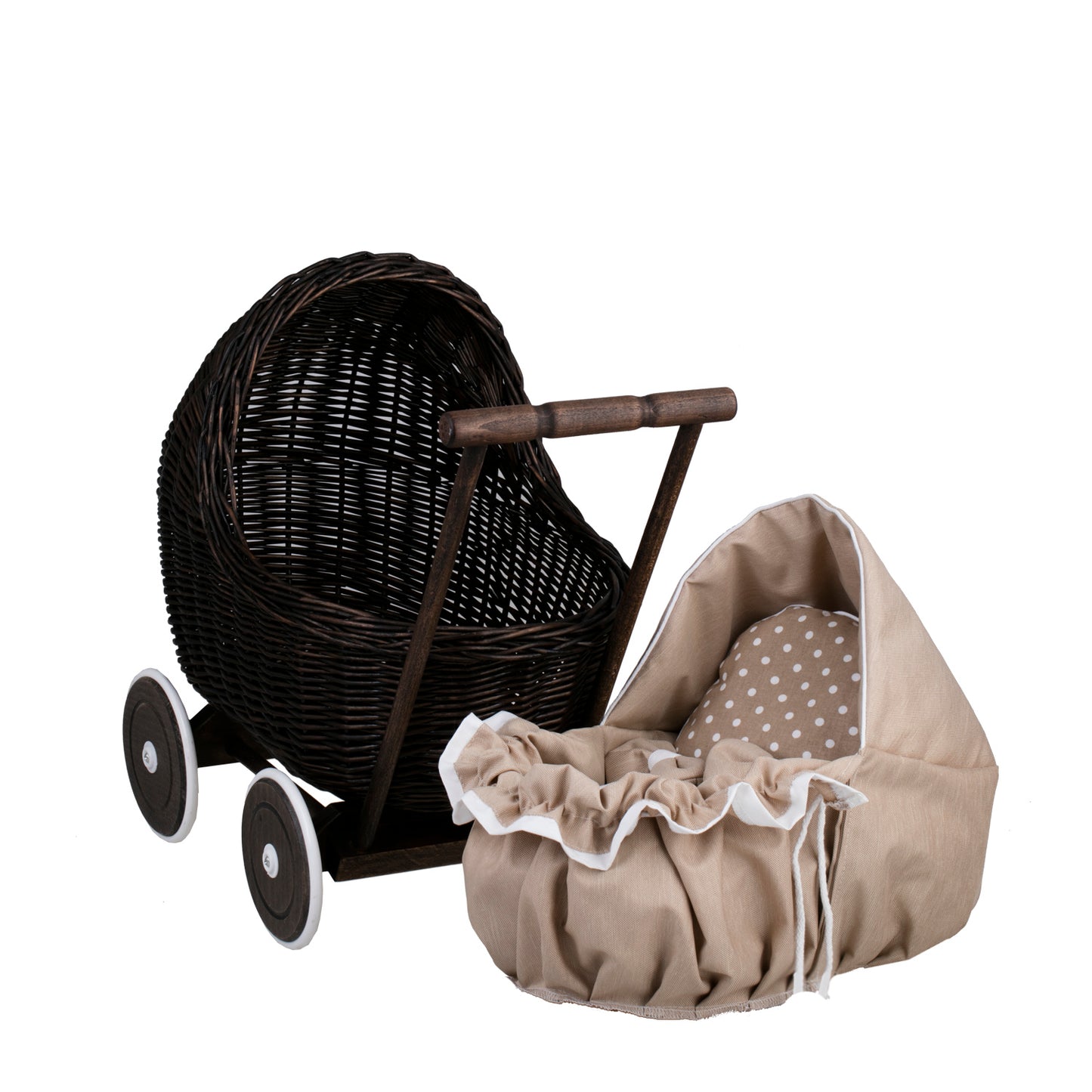 Lili wicker doll stroller with beige trim, blanket, and pillow