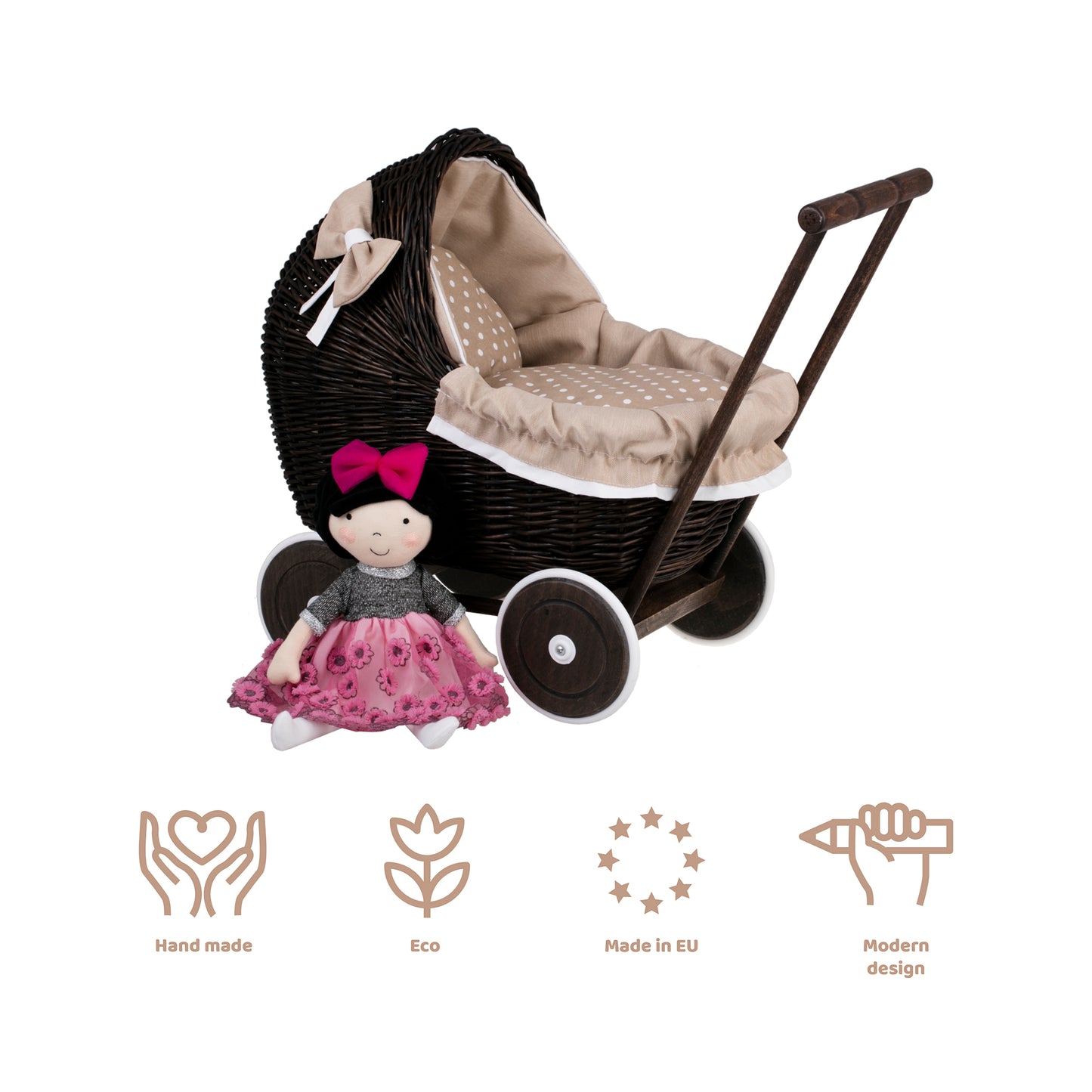 Lili wicker doll stroller with beige trim, blanket, and pillow
