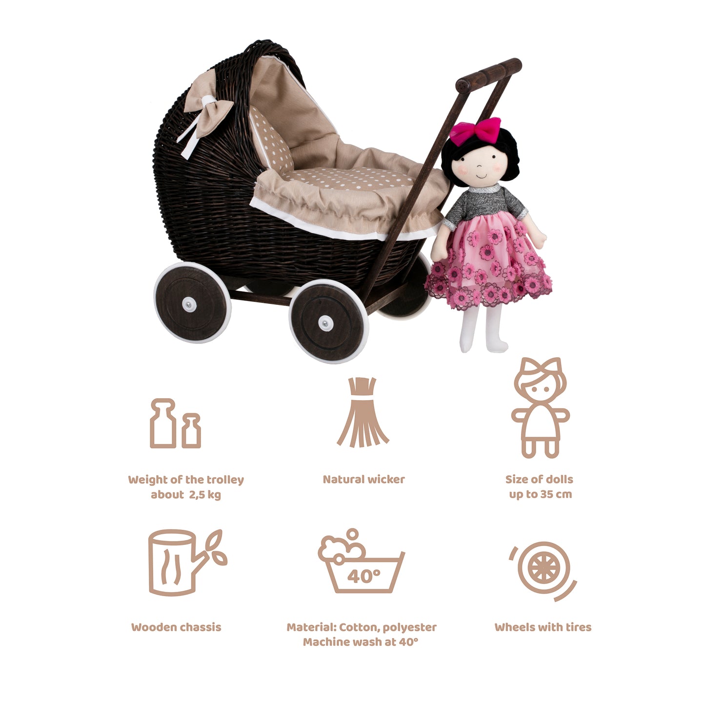Lili wicker doll stroller with beige trim, blanket, and pillow