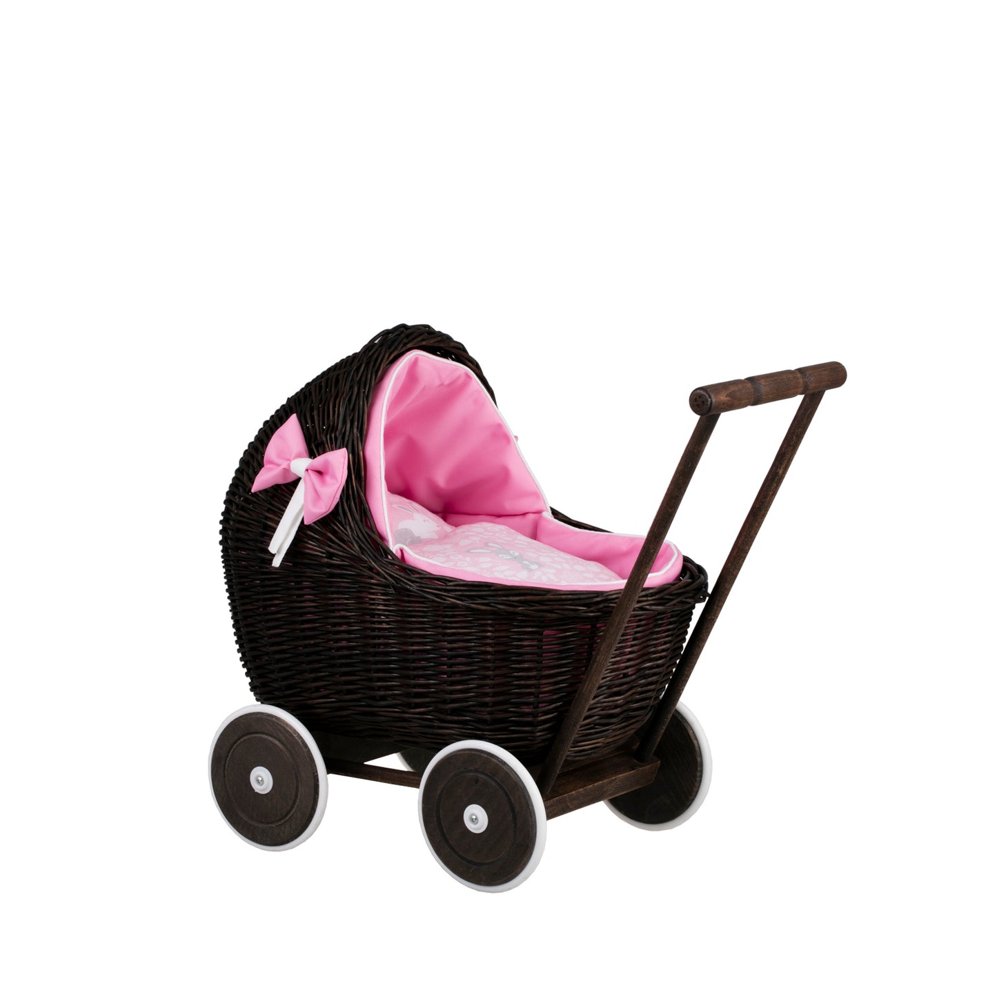 Lili carrozzina in vimini per bambole con rifinitura rosa, copertina e cuscino