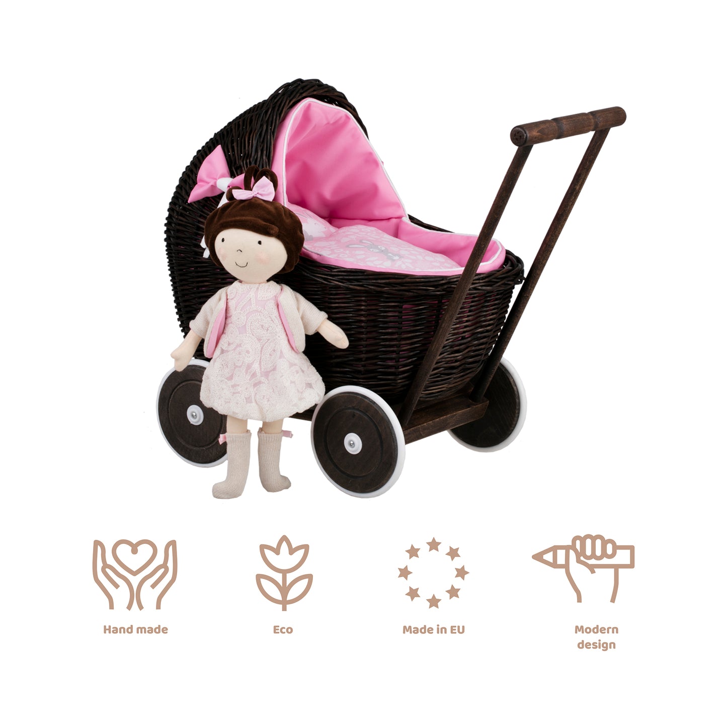 Lili carrozzina in vimini per bambole con rifinitura rosa, copertina e cuscino