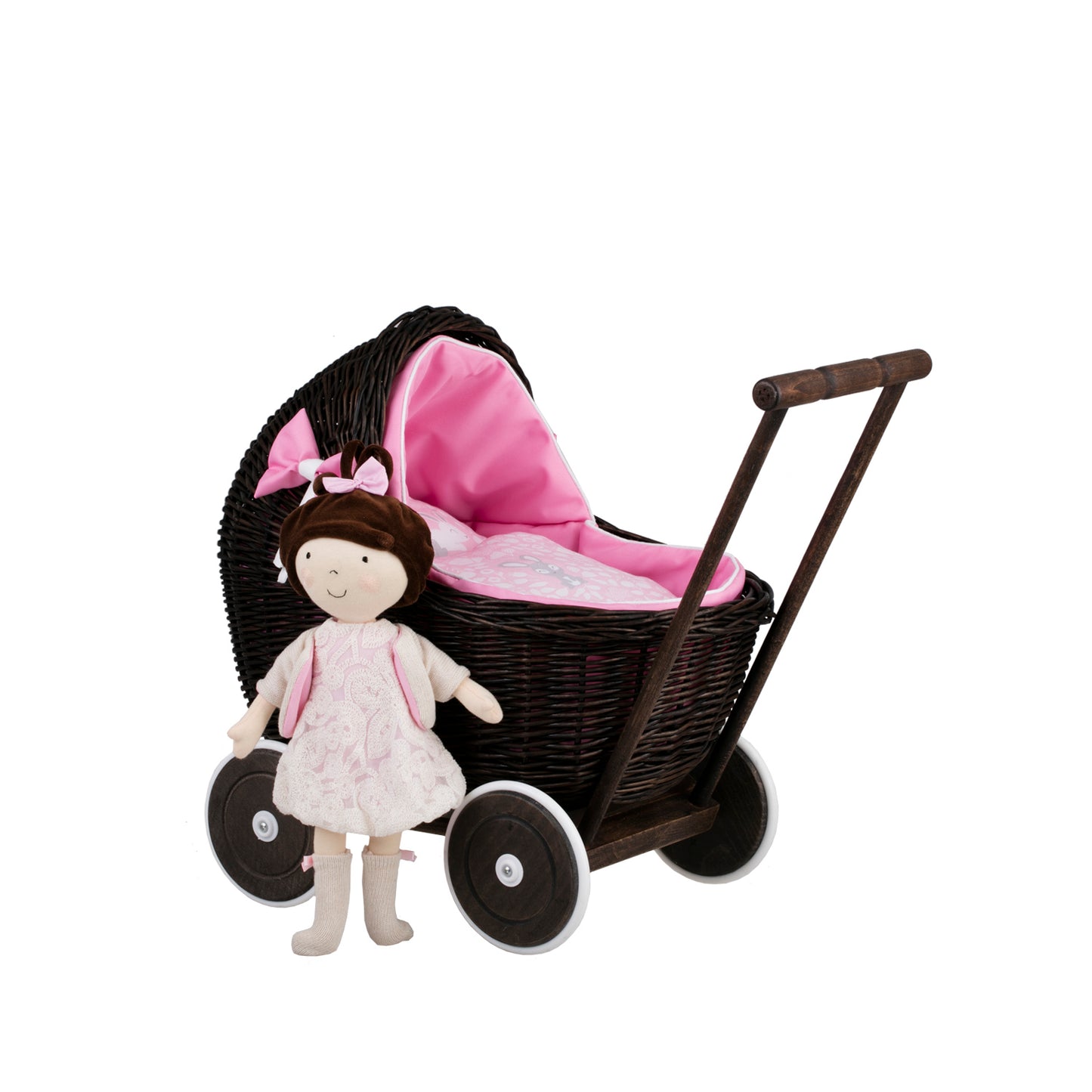 Lili carrozzina in vimini per bambole con rifinitura rosa, copertina e cuscino