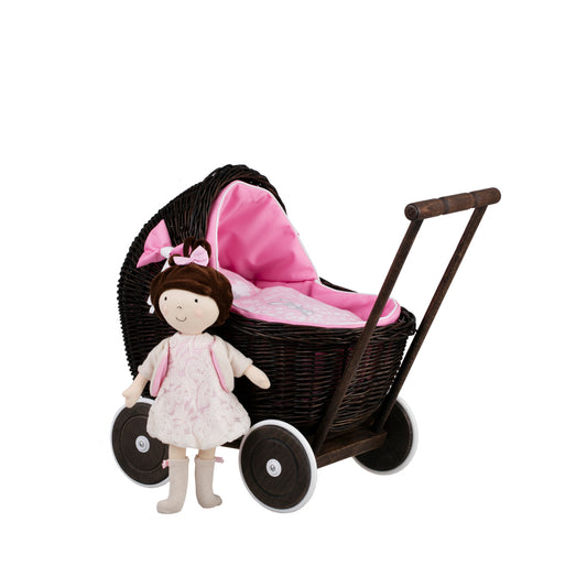 Lili wicker doll stroller with pink trim, blanket, and pillow TheWickerStories