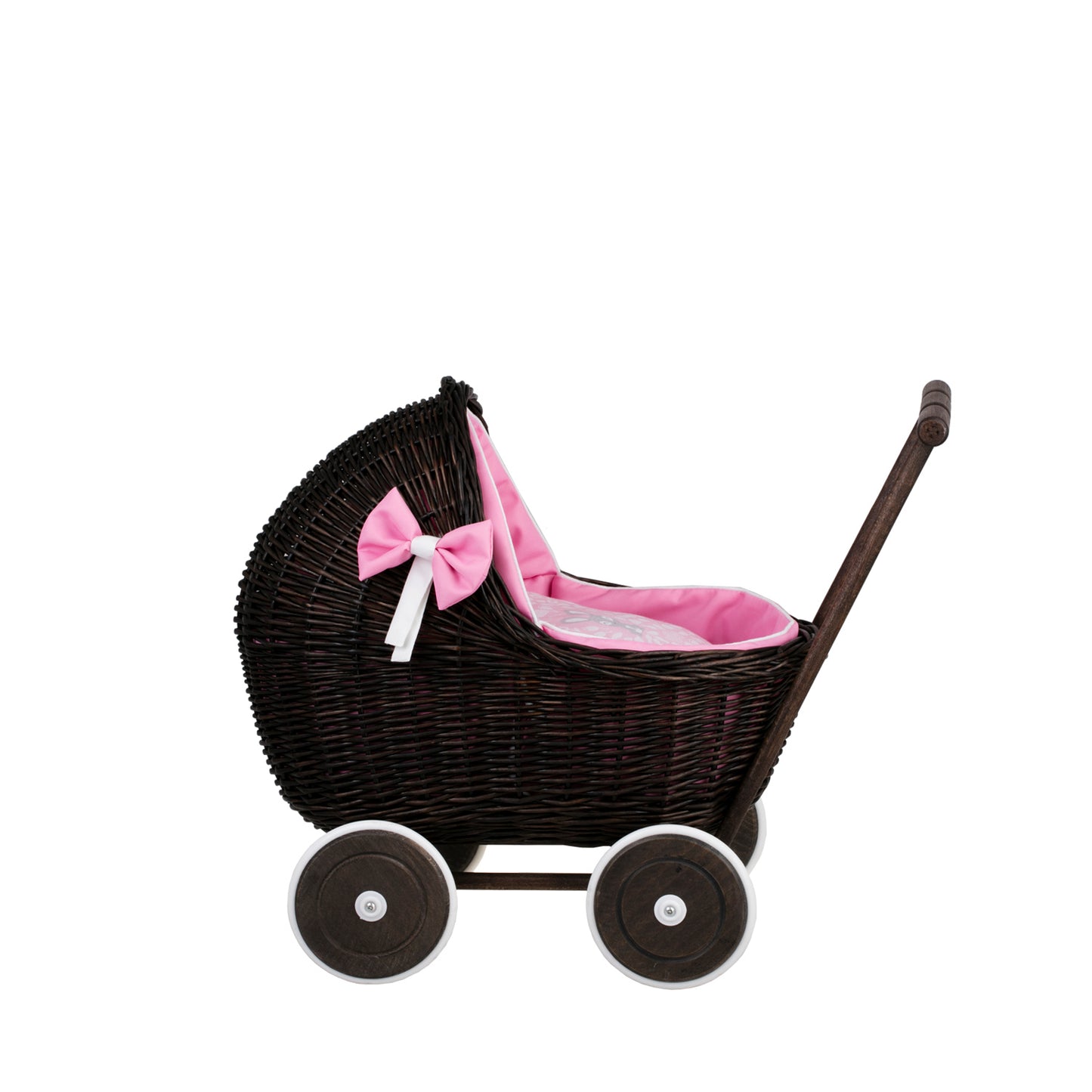Lili carrozzina in vimini per bambole con rifinitura rosa, copertina e cuscino
