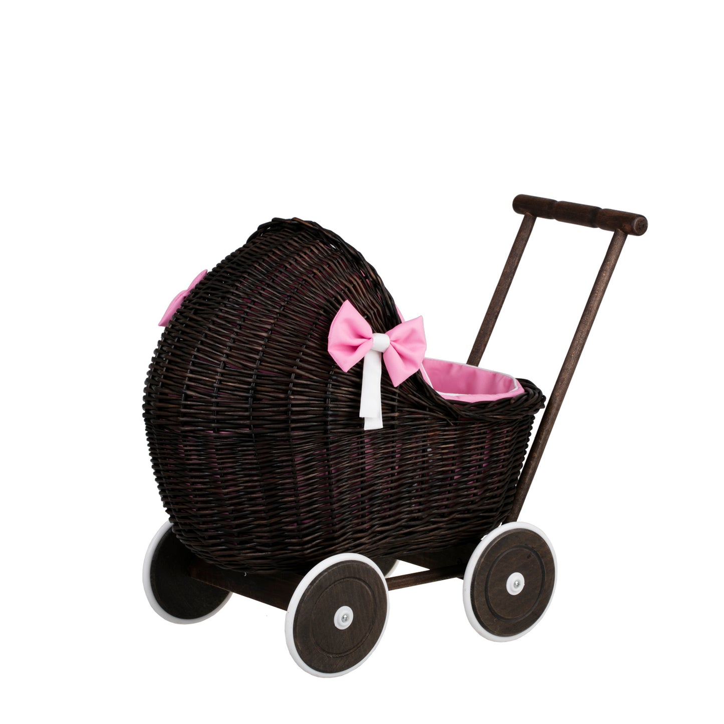 Lili carrozzina in vimini per bambole con rifinitura rosa, copertina e cuscino