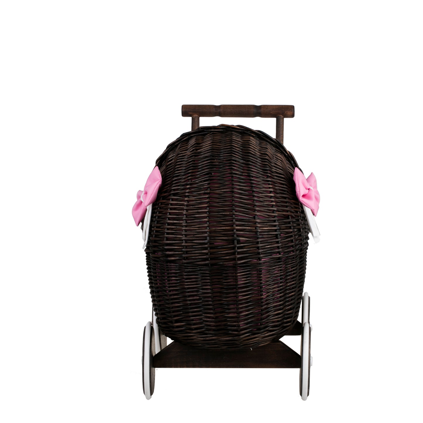 Lili carrozzina in vimini per bambole con rifinitura rosa, copertina e cuscino