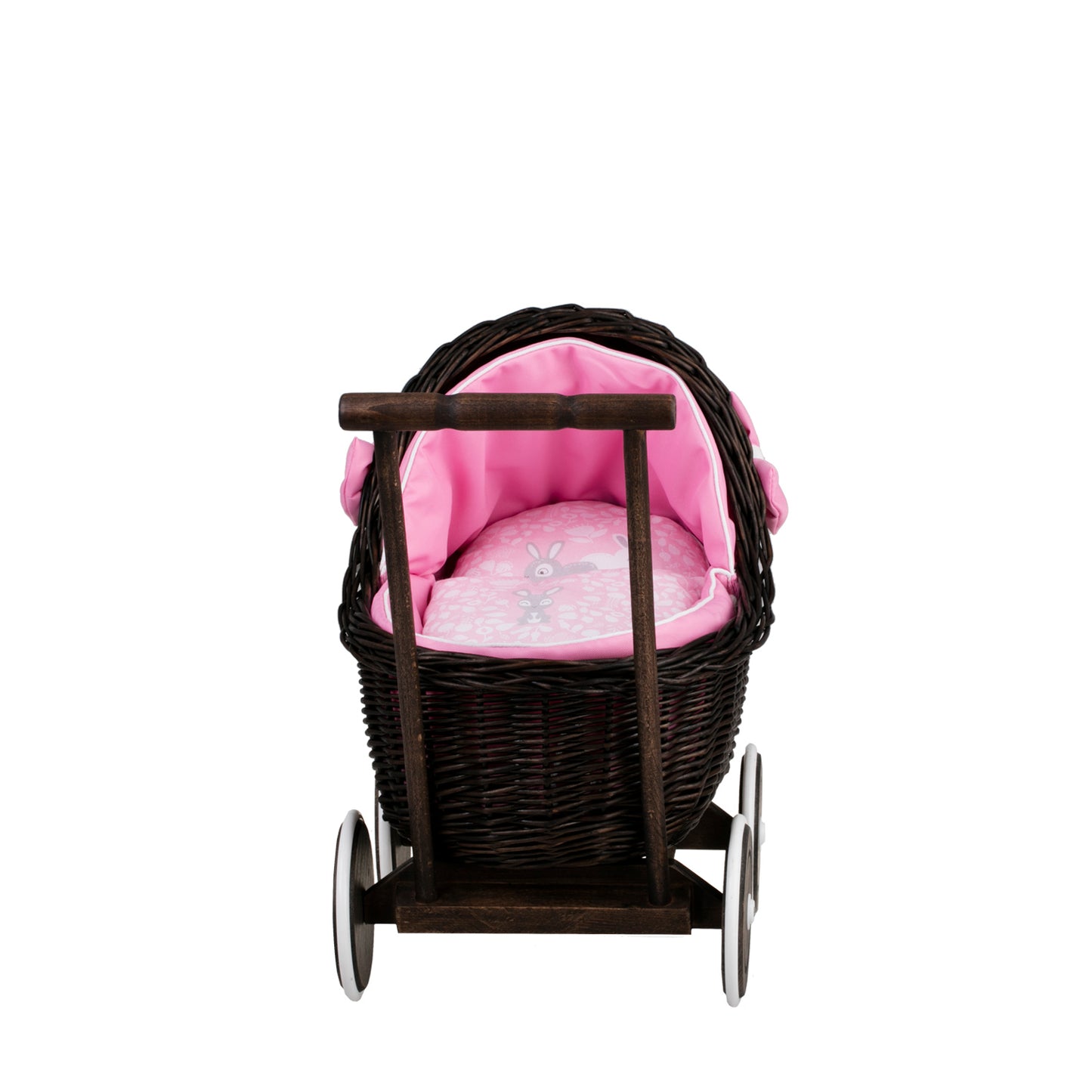 Lili carrozzina in vimini per bambole con rifinitura rosa, copertina e cuscino