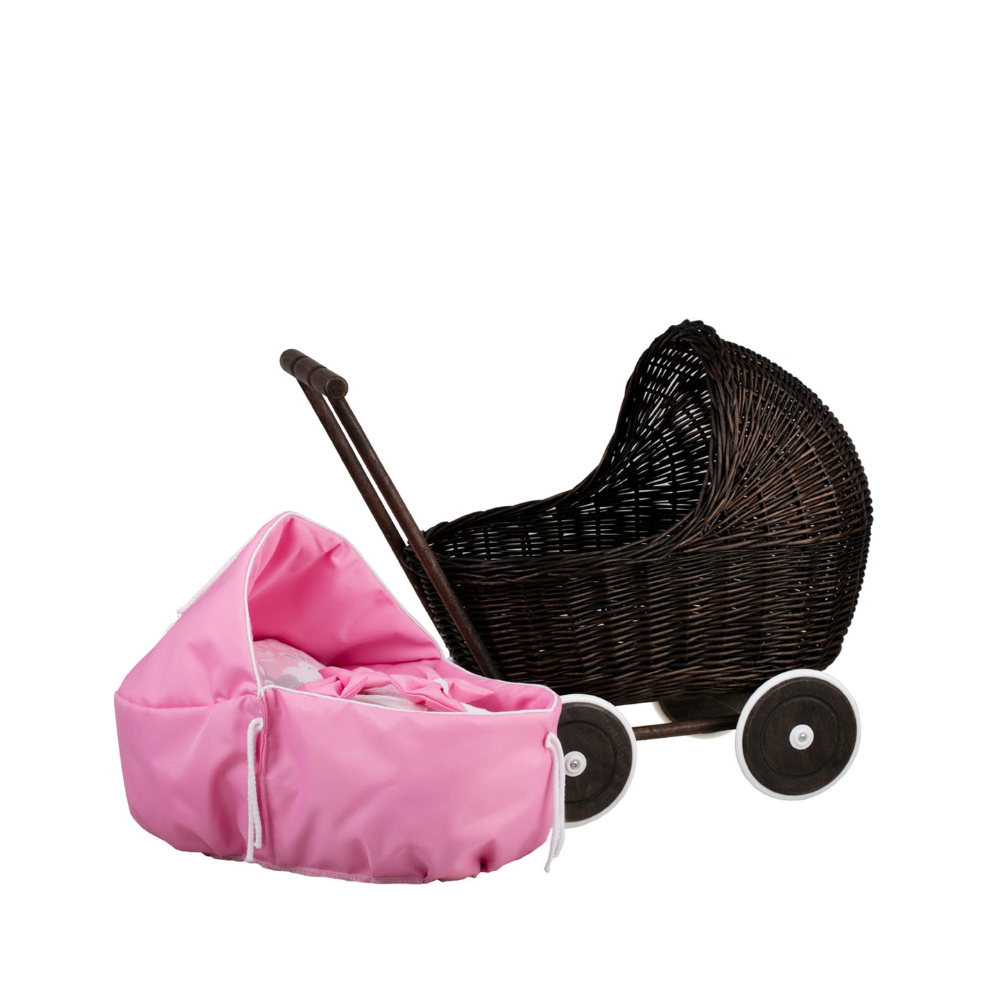 Lili carrozzina in vimini per bambole con rifinitura rosa, copertina e cuscino
