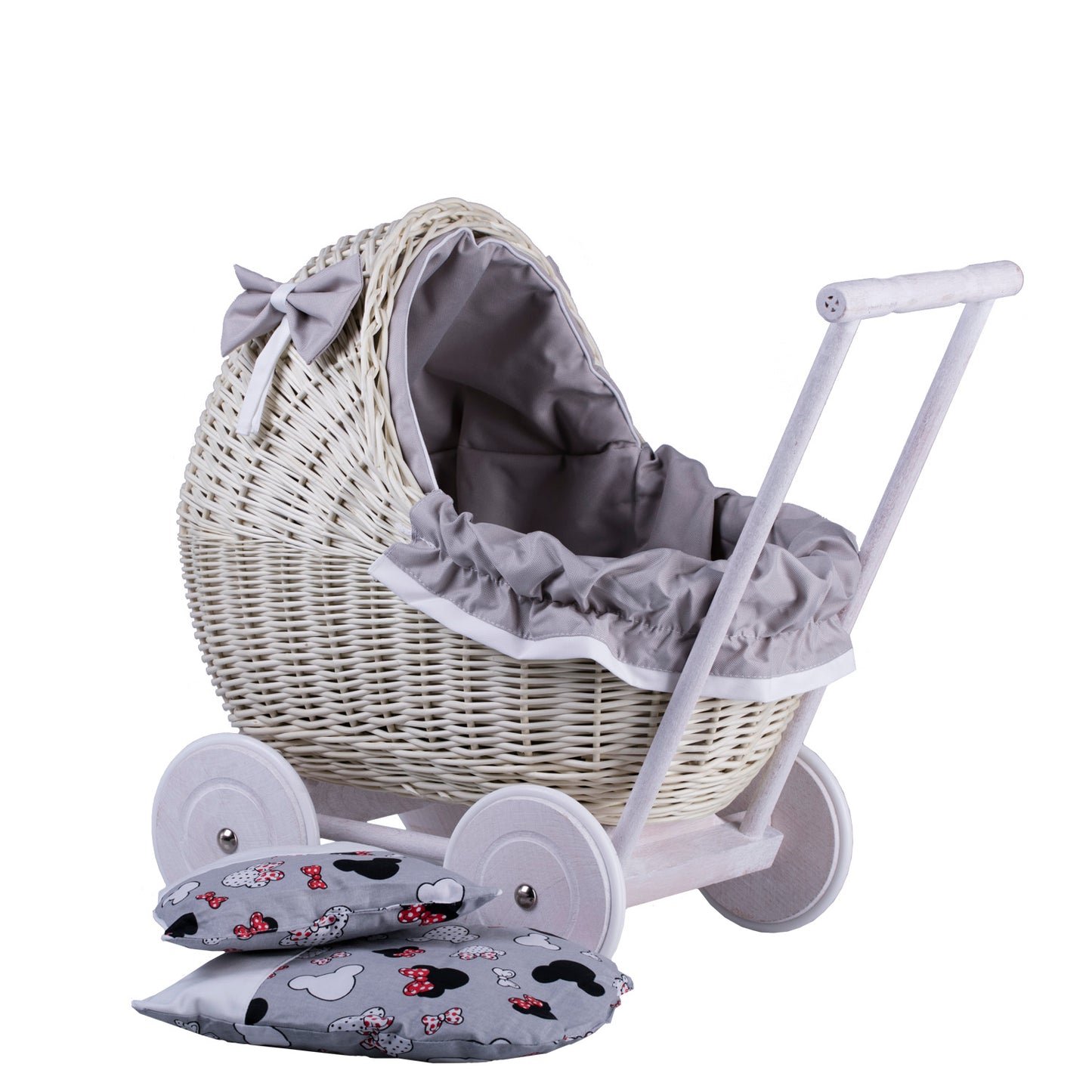 Lili wicker doll stroller with gray trim, blanket, and pillow