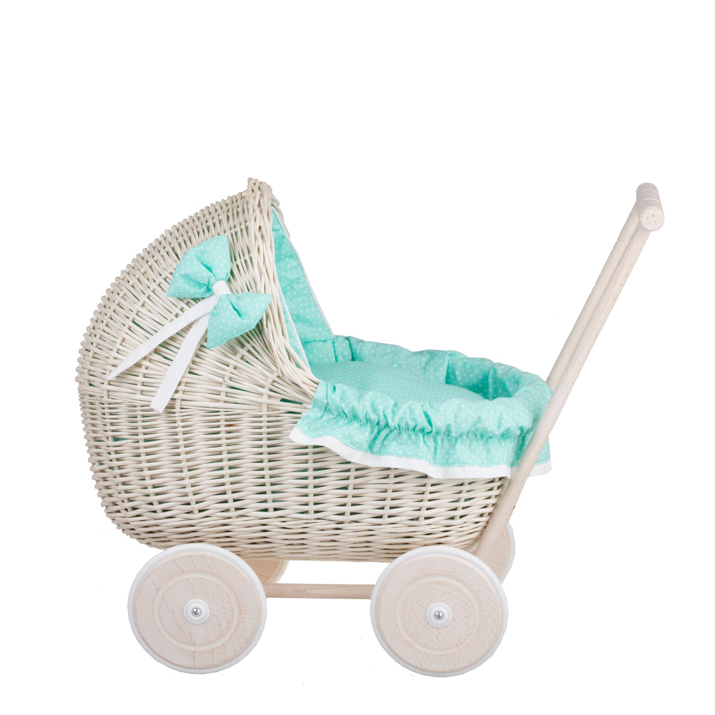 Lili wicker doll stroller with mint trim, blanket, and pillow