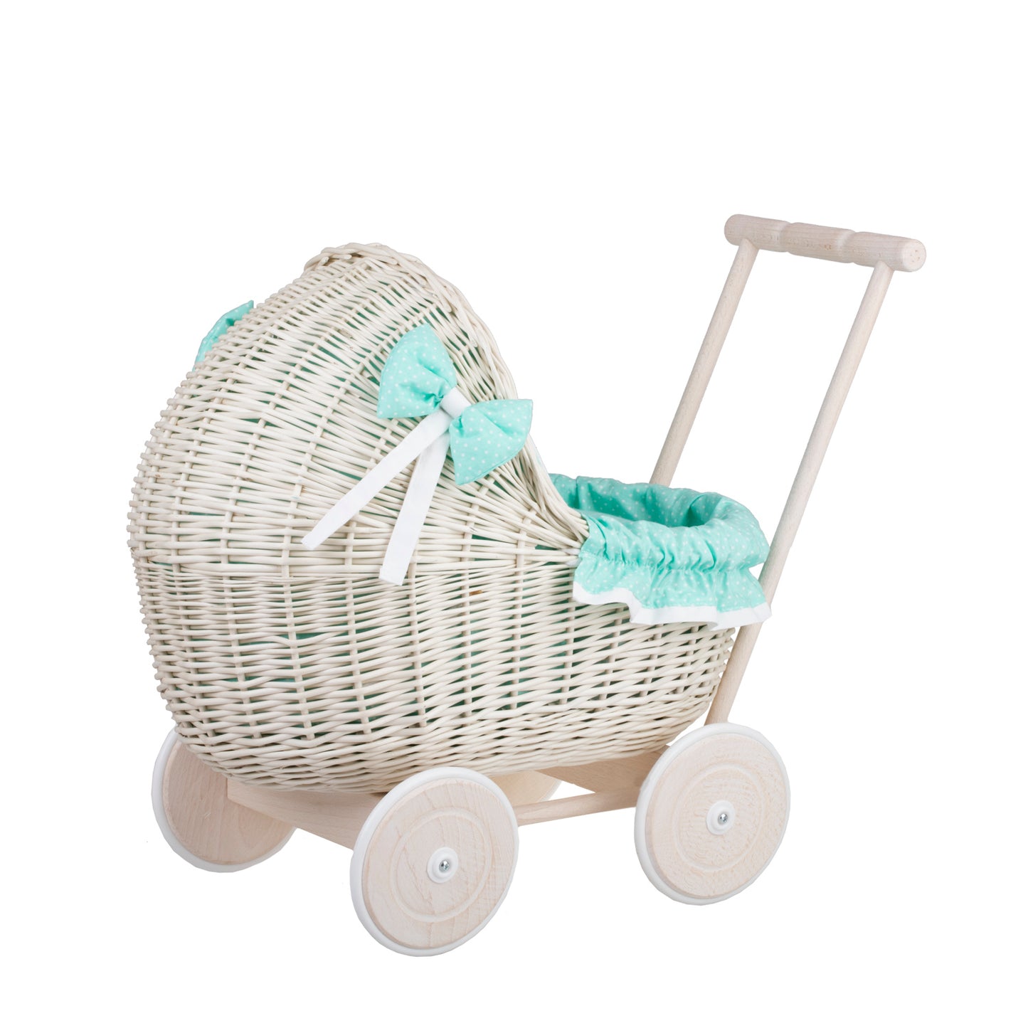 Lili wicker doll stroller with mint trim, blanket, and pillow