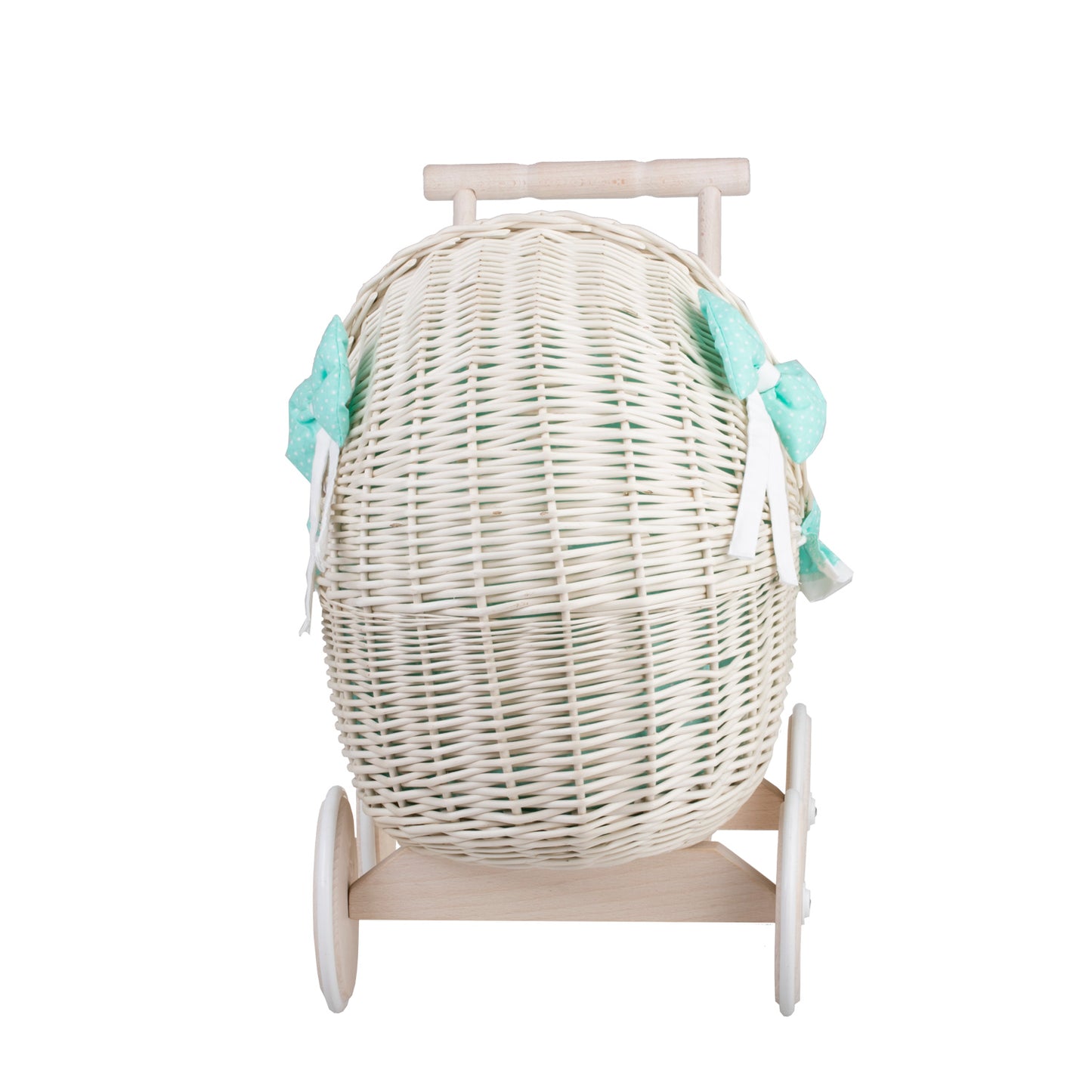 Lili wicker doll stroller with mint trim, blanket, and pillow