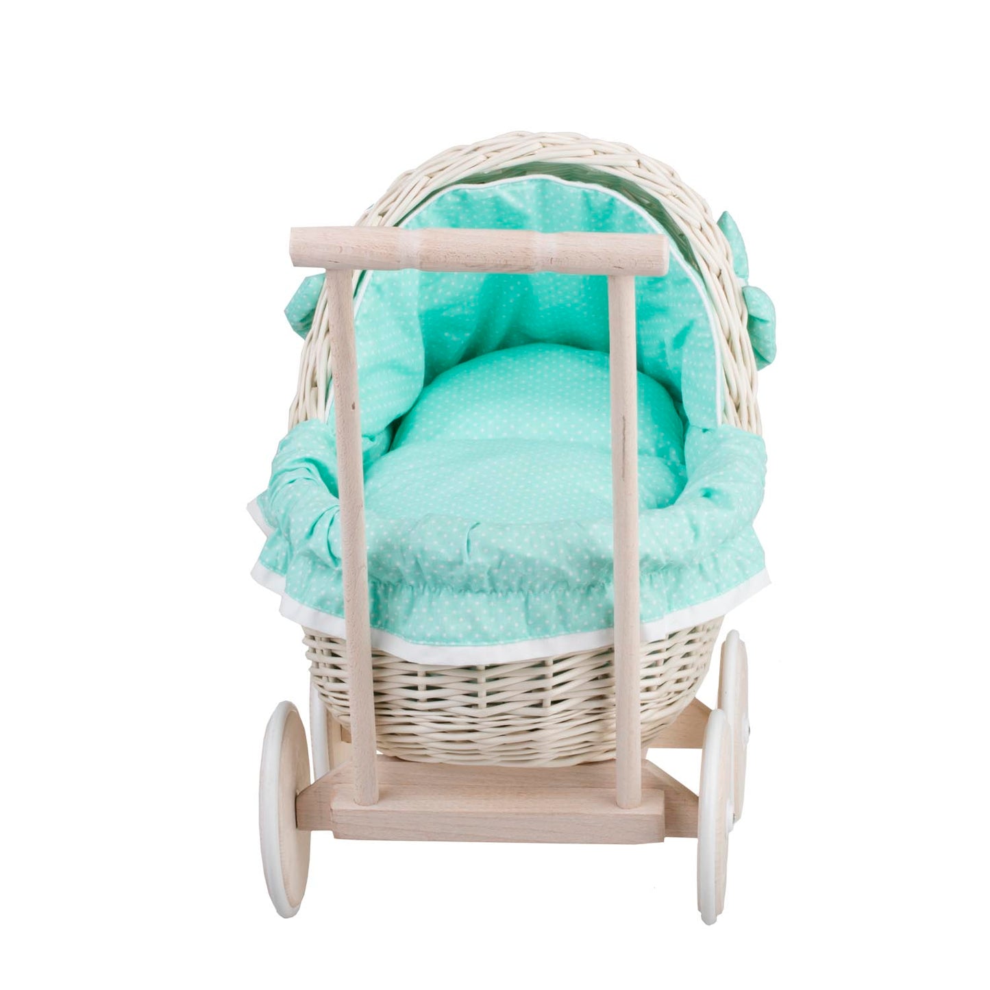 Lili wicker doll stroller with mint trim, blanket, and pillow