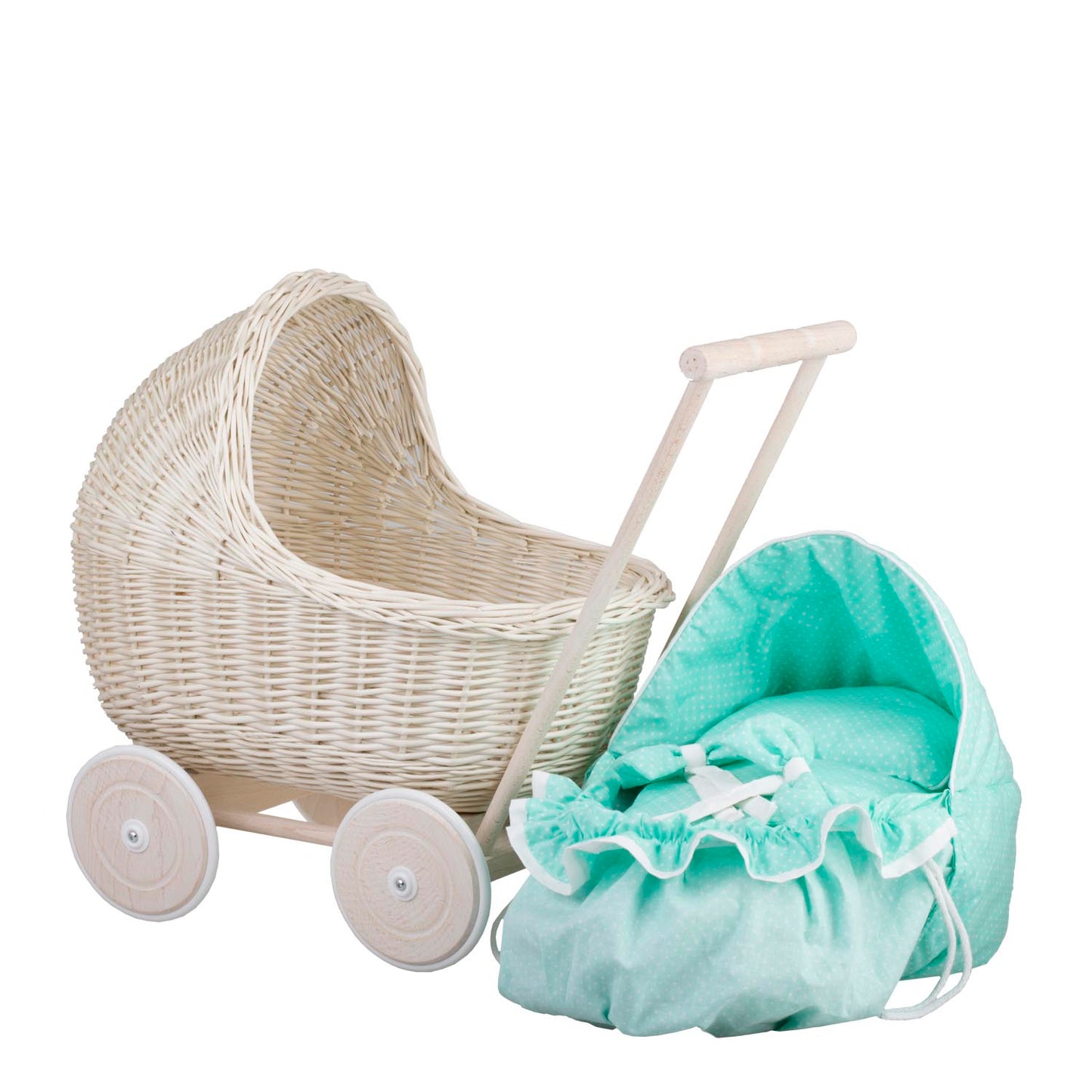 Lili carrozzina in vimini per bambole con rifinitura menta, copertina e cuscino TheWickerStories