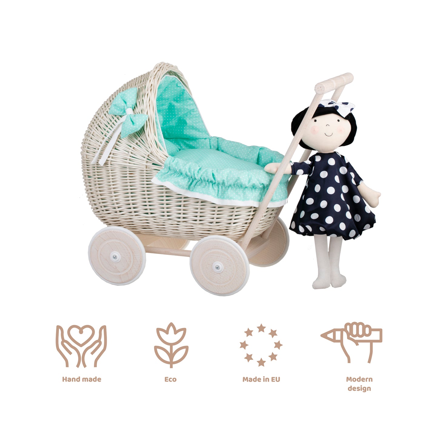 Lili wicker doll stroller with mint trim, blanket, and pillow