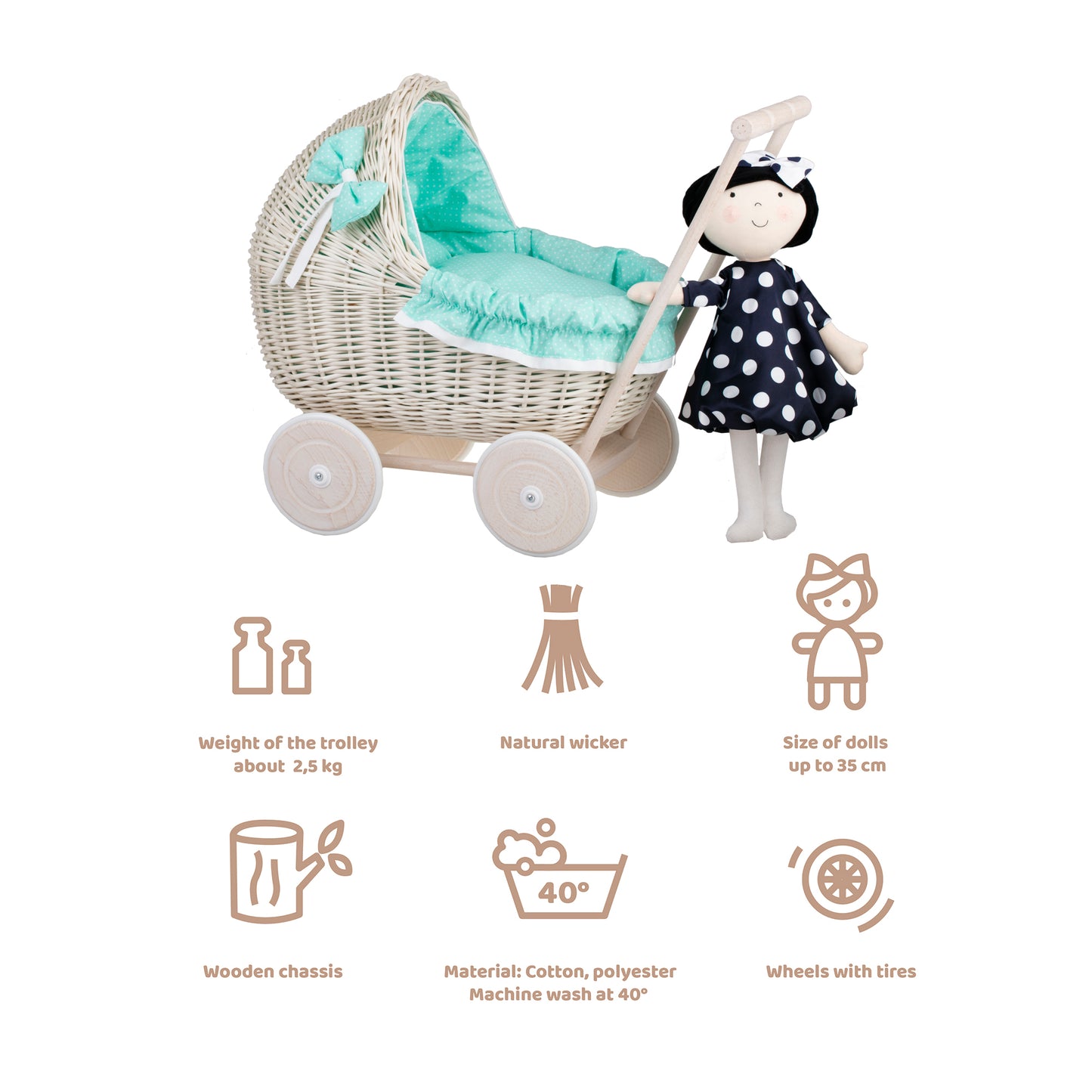 Lili wicker doll stroller with mint trim, blanket, and pillow
