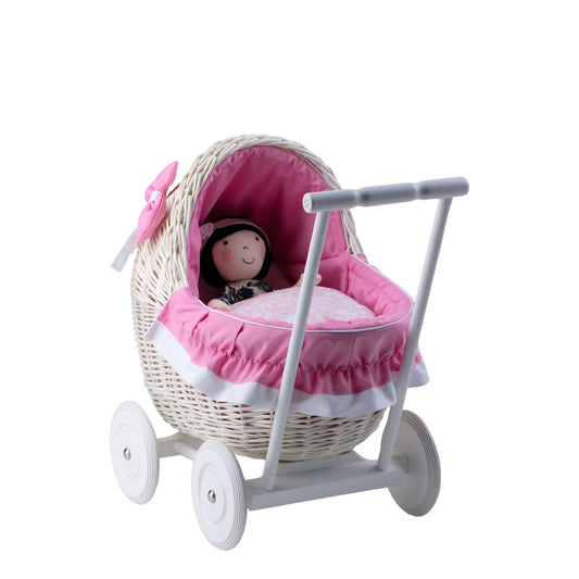 korgvagn för dockor med rosa kant, täcke och kudde