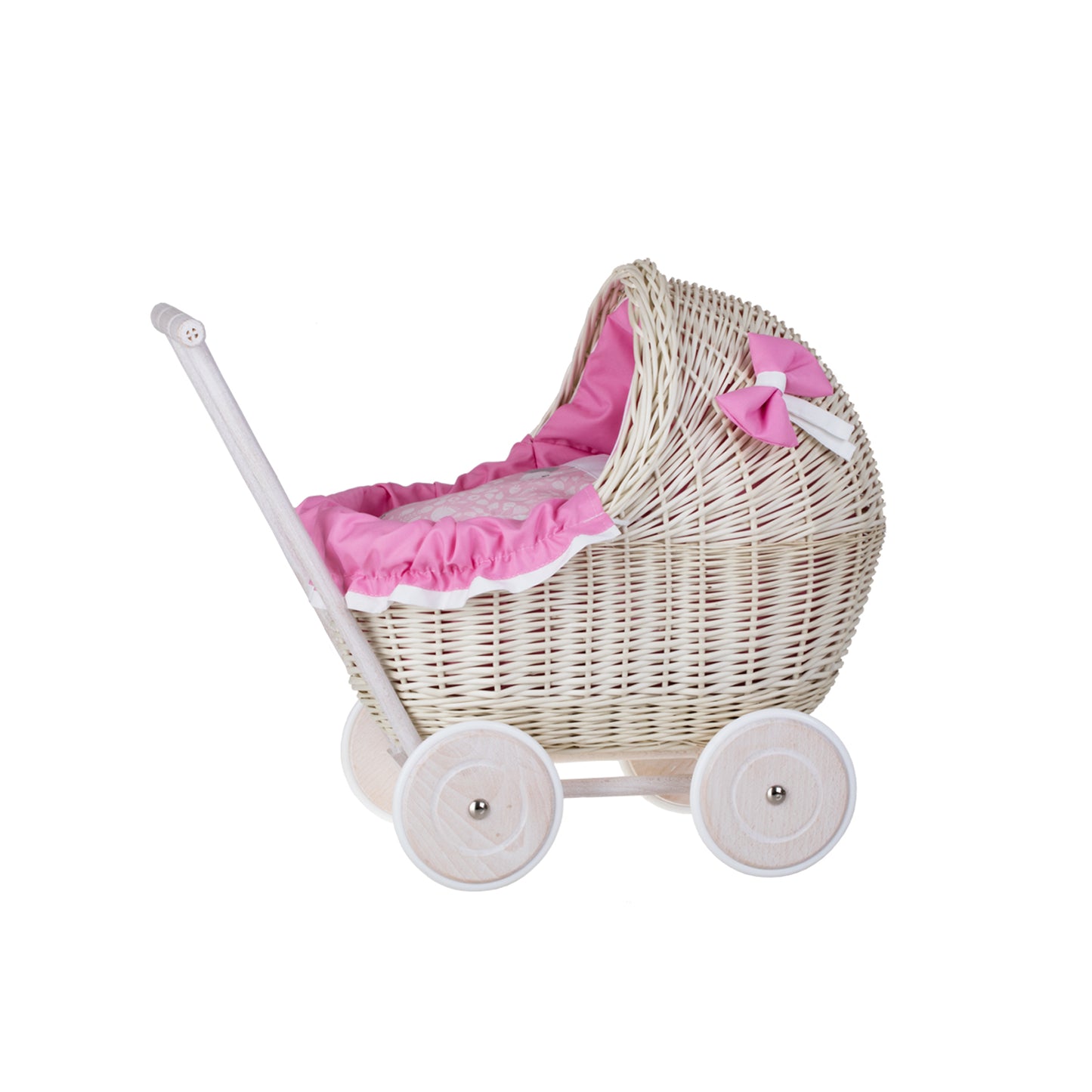 Lili wicker doll stroller with pink trim, blanket, and pillow